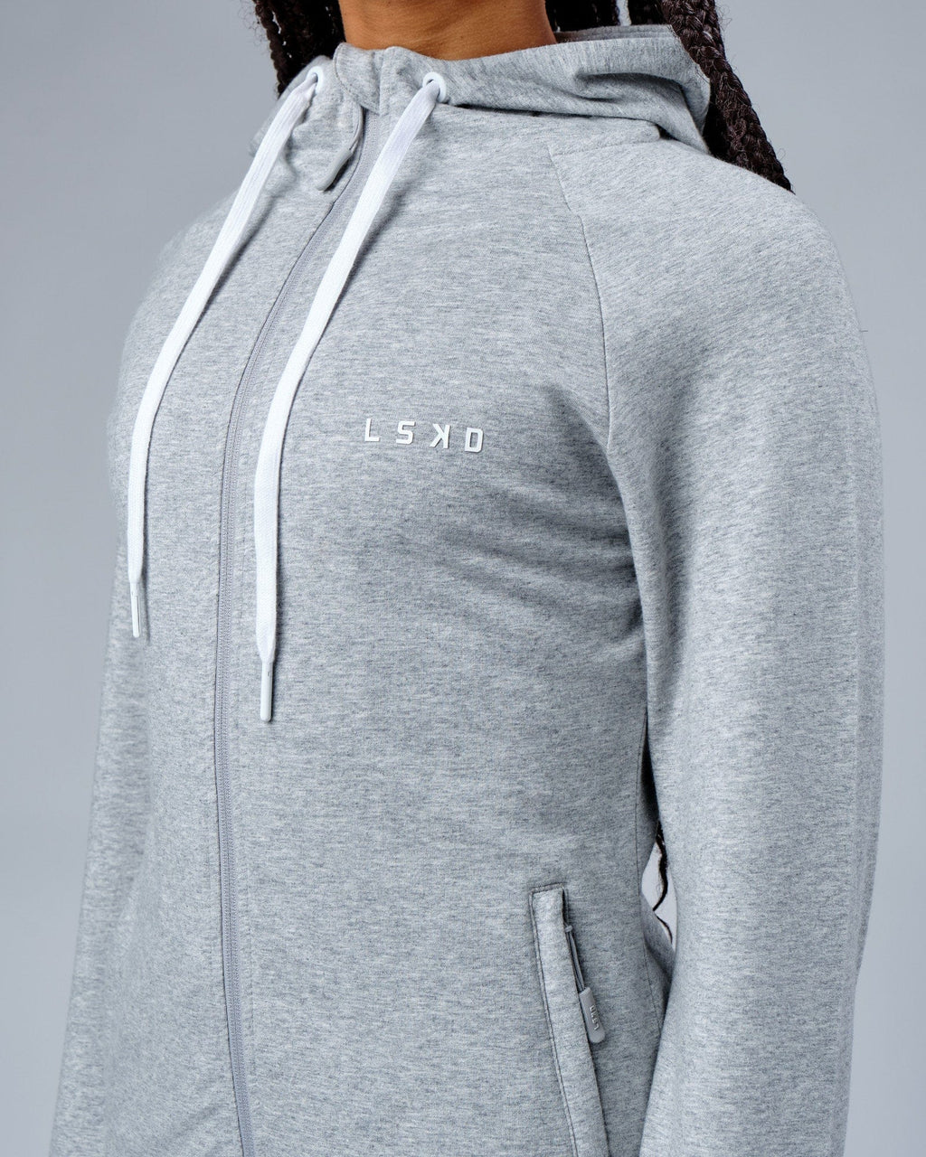 Model wearing PB Zip Through Hoodie - Lt Grey Marl