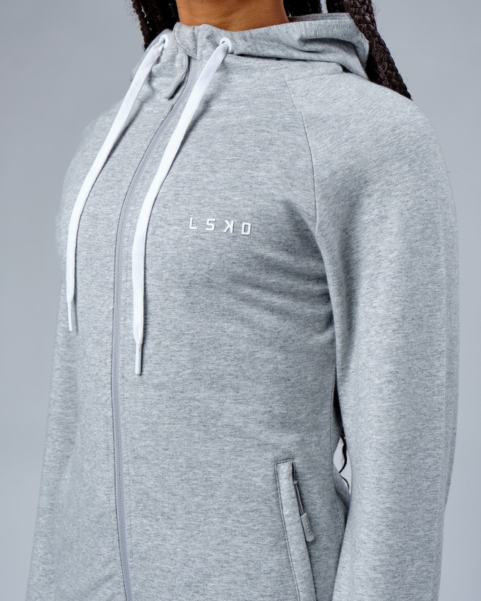 Model wearing PB Zip Through Hoodie - Lt Grey Marl