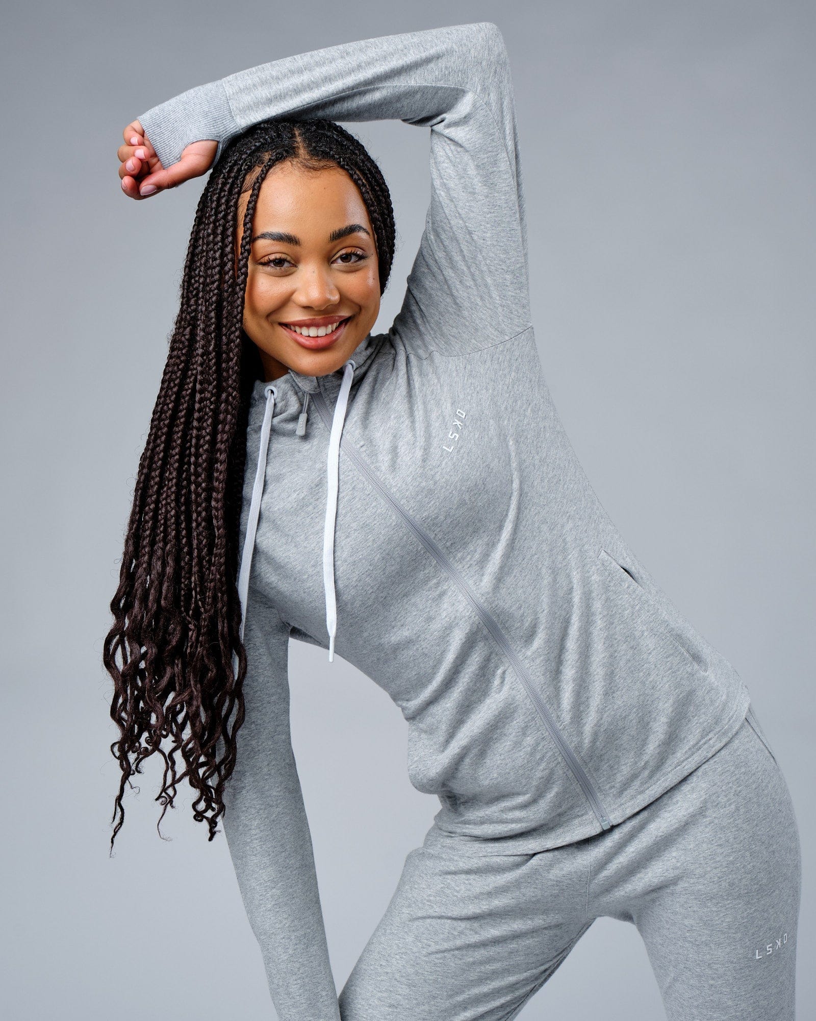 Model wearing PB Zip Through Hoodie - Lt Grey Marl