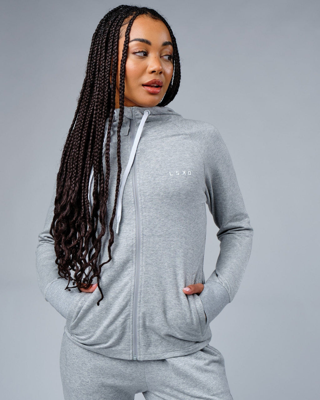 Model wearing PB Zip Through Hoodie - Lt Grey Marl