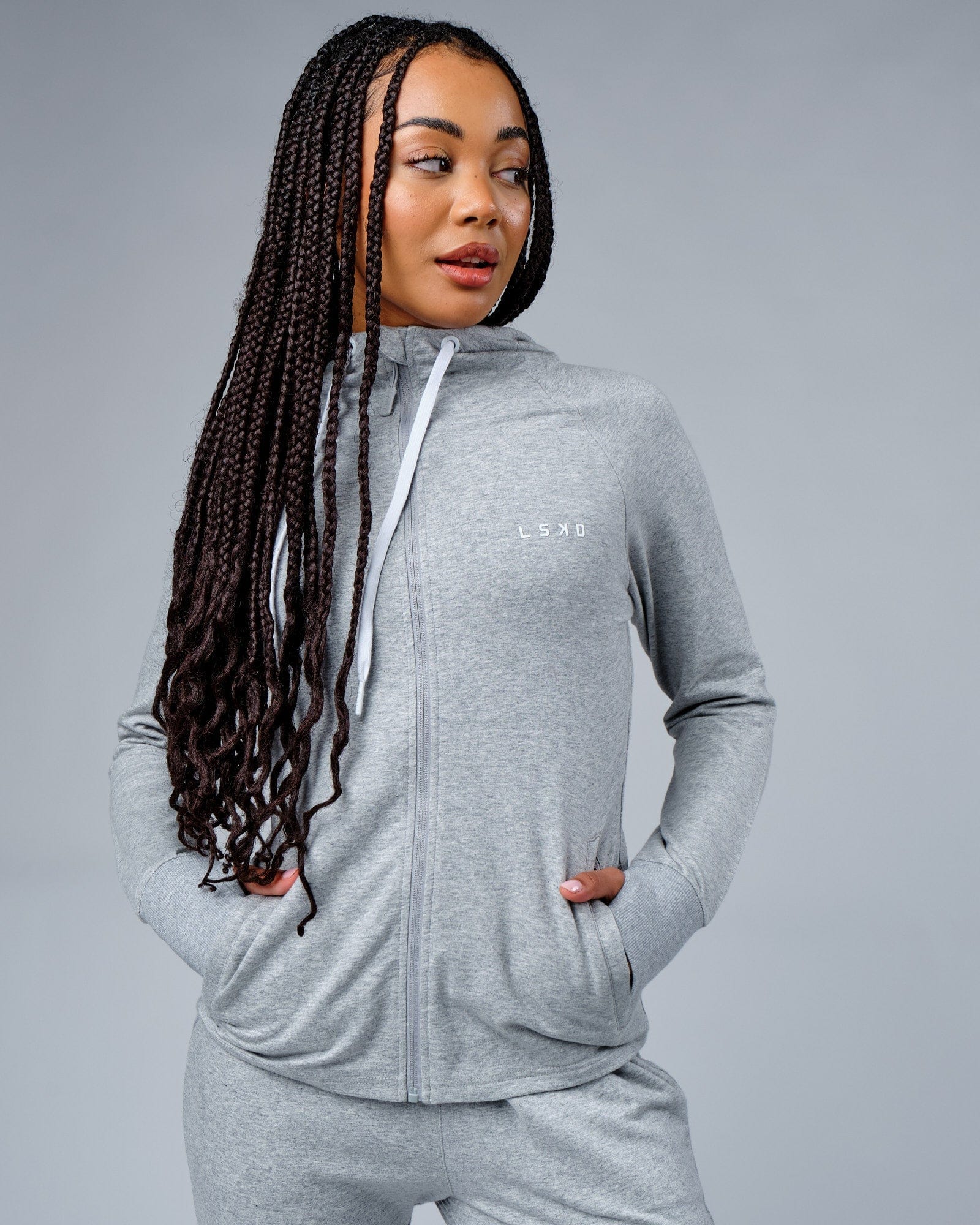 Model wearing PB Zip Through Hoodie - Lt Grey Marl