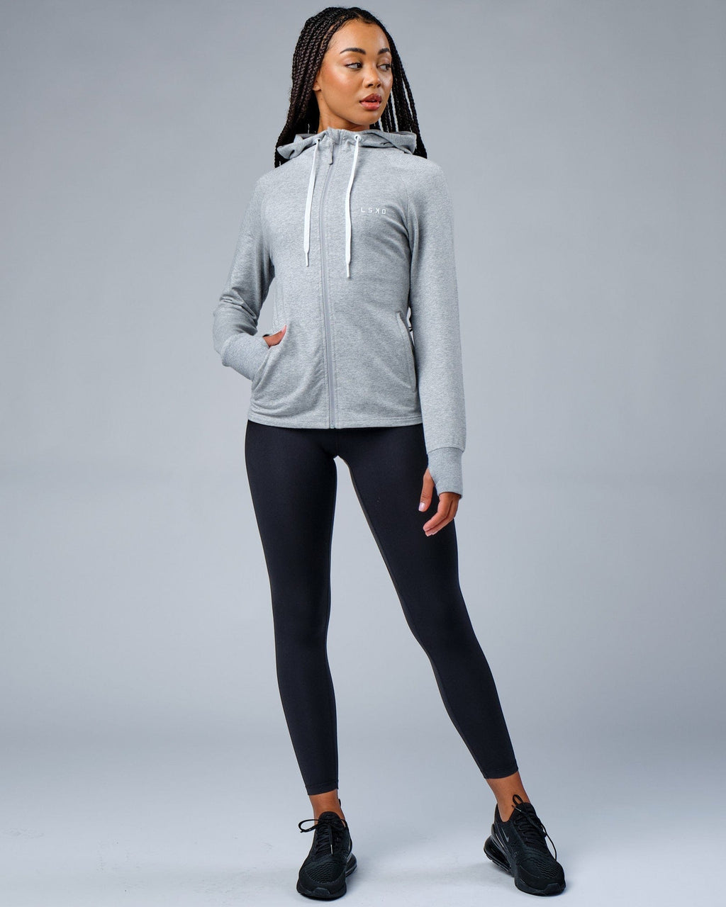 Model wearing PB Zip Through Hoodie - Lt Grey Marl