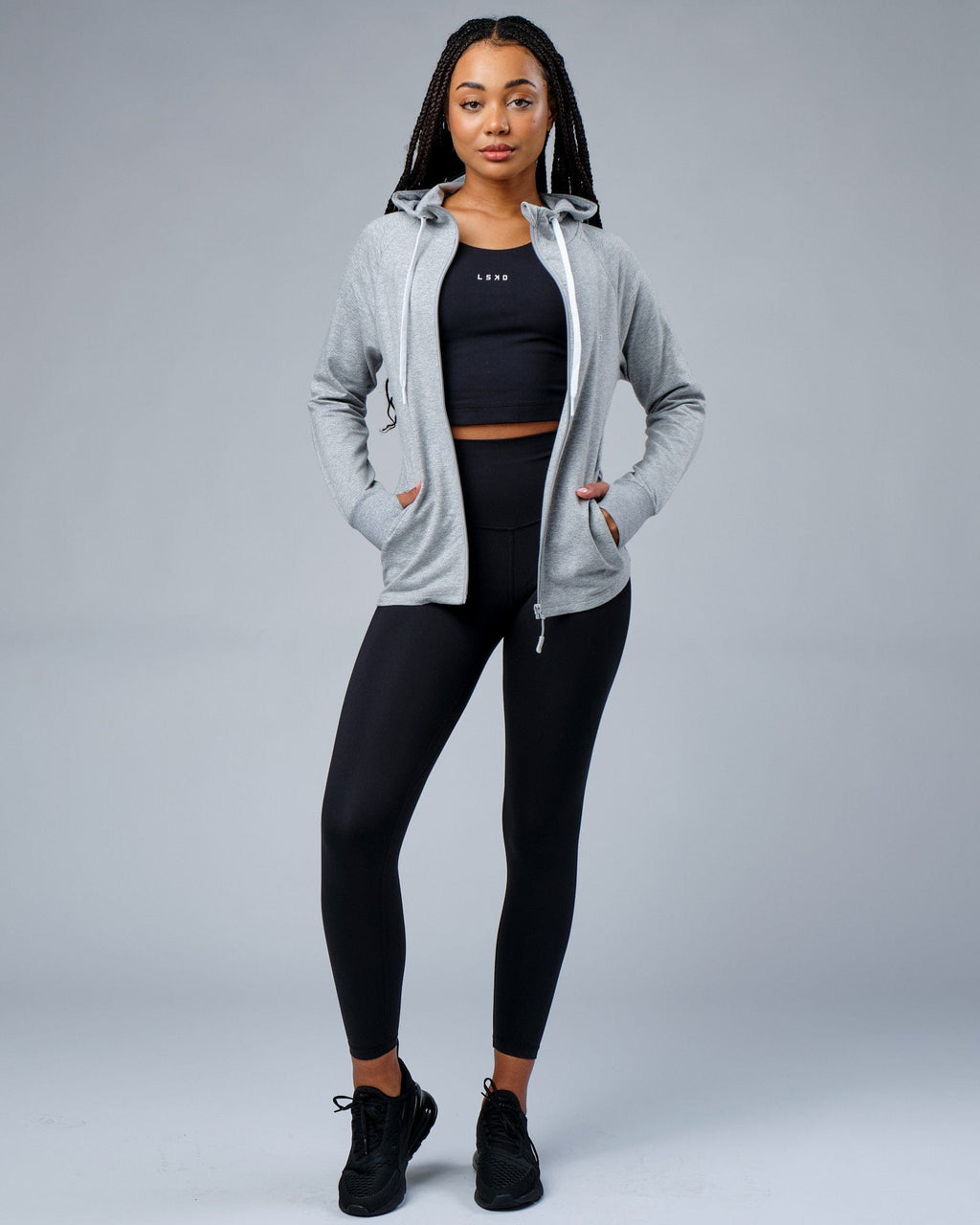 Model wearing PB Zip Through Hoodie - Lt Grey Marl