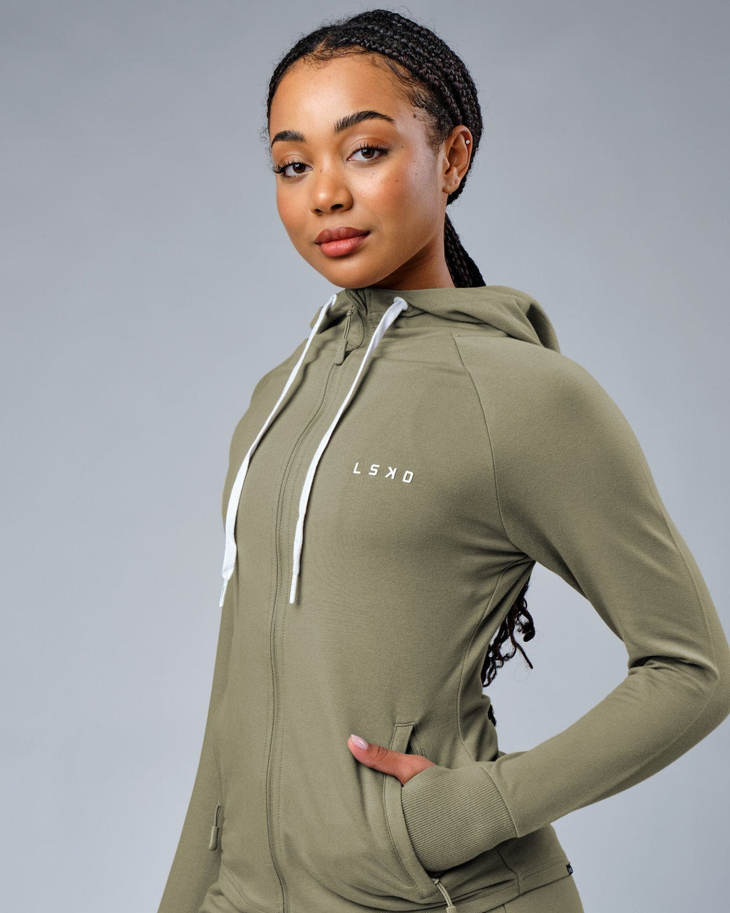 Model wearing PB Zip Through Hoodie - Dusty Olive
