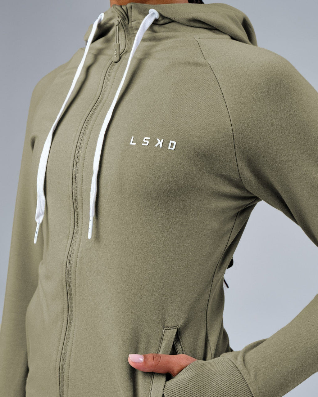 Model wearing PB Zip Through Hoodie - Dusty Olive