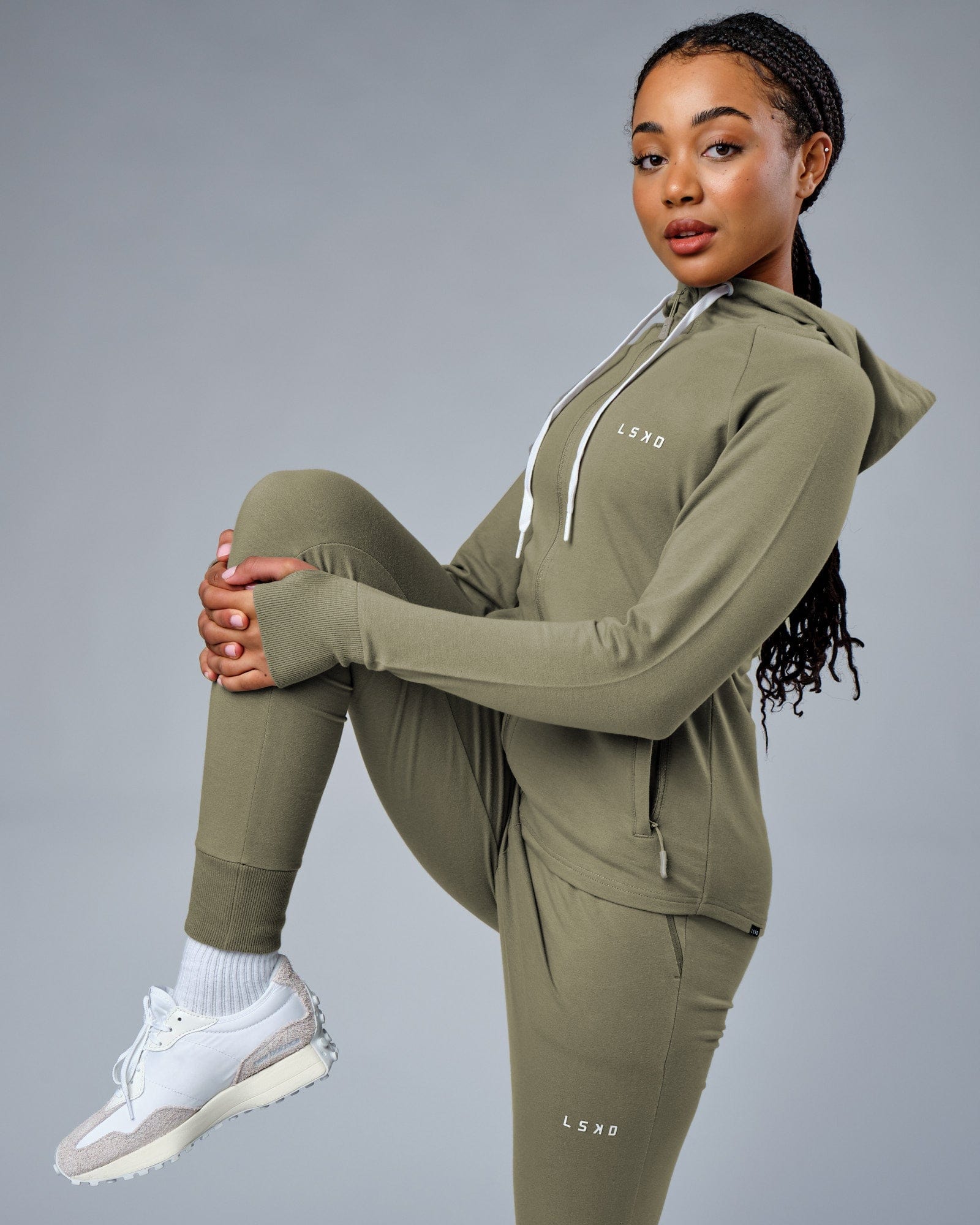 Model wearing PB Zip Through Hoodie - Dusty Olive