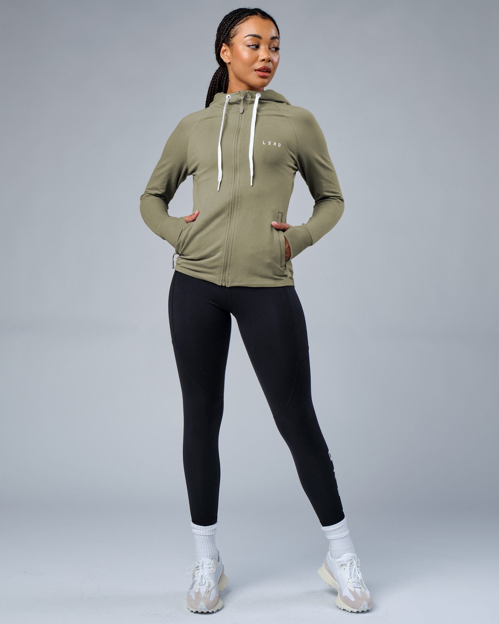 Model wearing PB Zip Through Hoodie - Dusty Olive