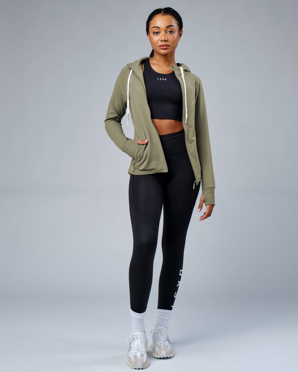 Model wearing PB Zip Through Hoodie - Dusty Olive