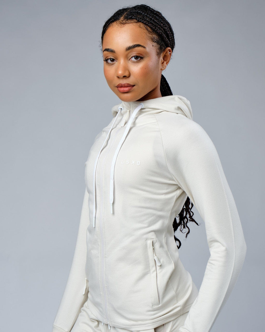 Model wearing PB Zip Through Hoodie - Bone