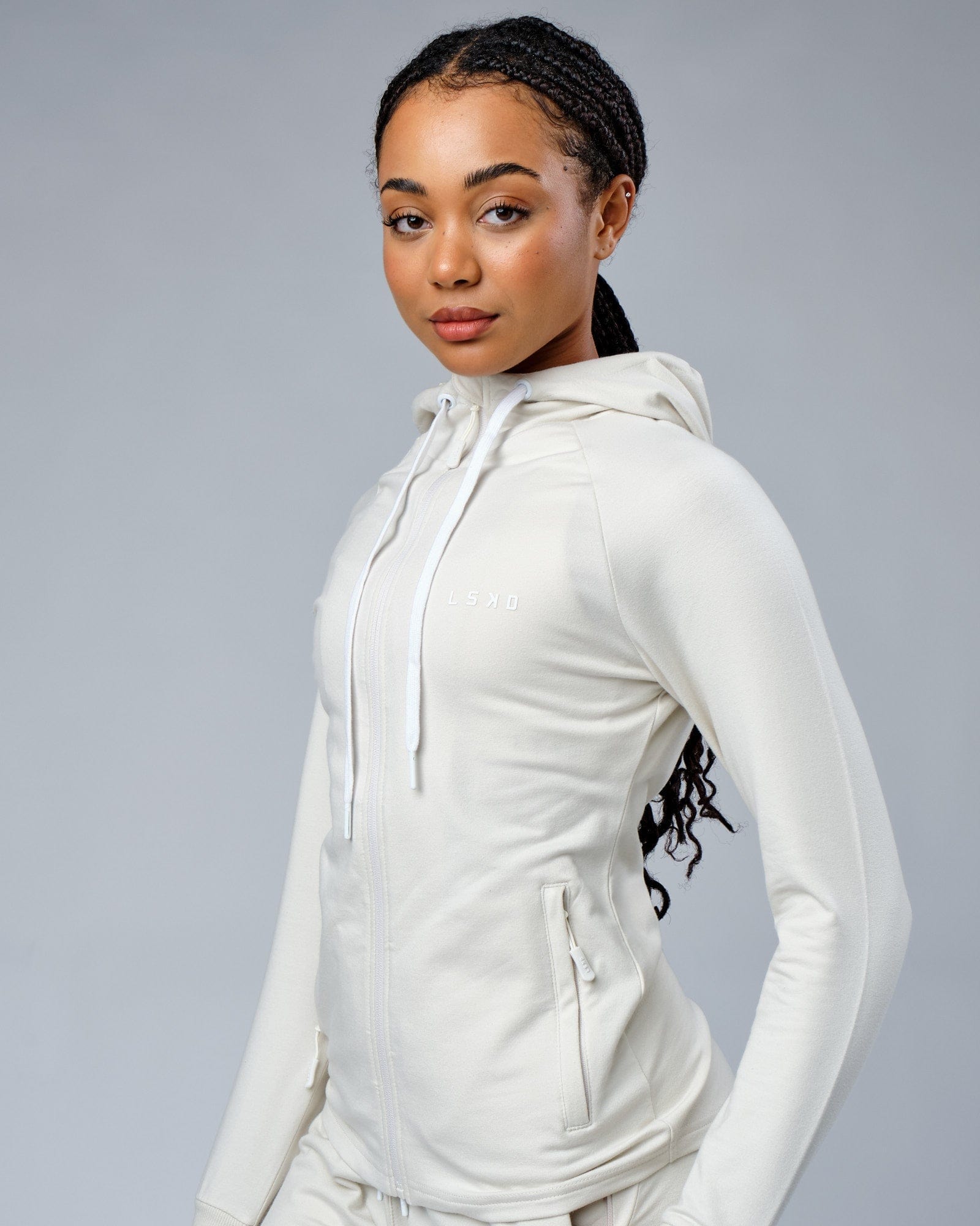 Model wearing PB Zip Through Hoodie - Bone