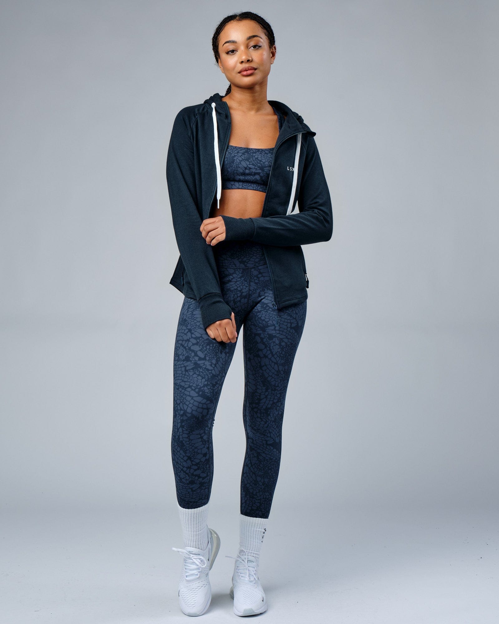 Model wearing PB Zip Through Hoodie - Carbon