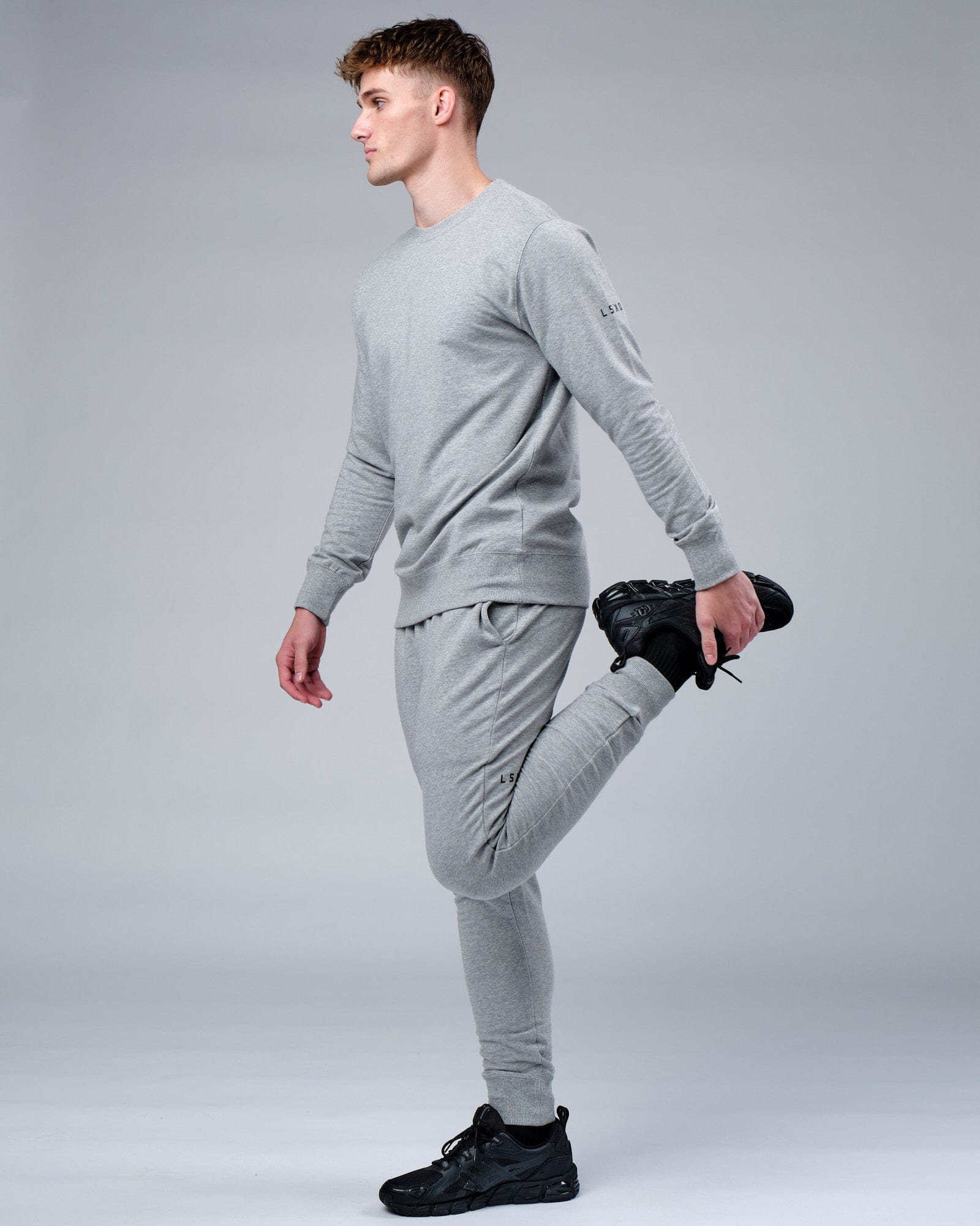 Model wearing Rival FLXFleece Training Fit Sweater - Lt Grey Marl