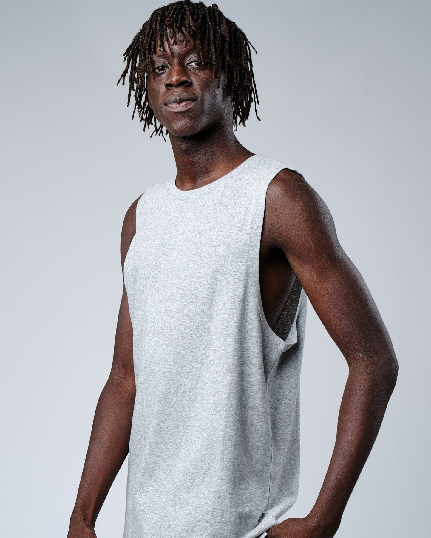 Model wearing Rival FLXCotton Training Fit Tank - Lt Grey Marl