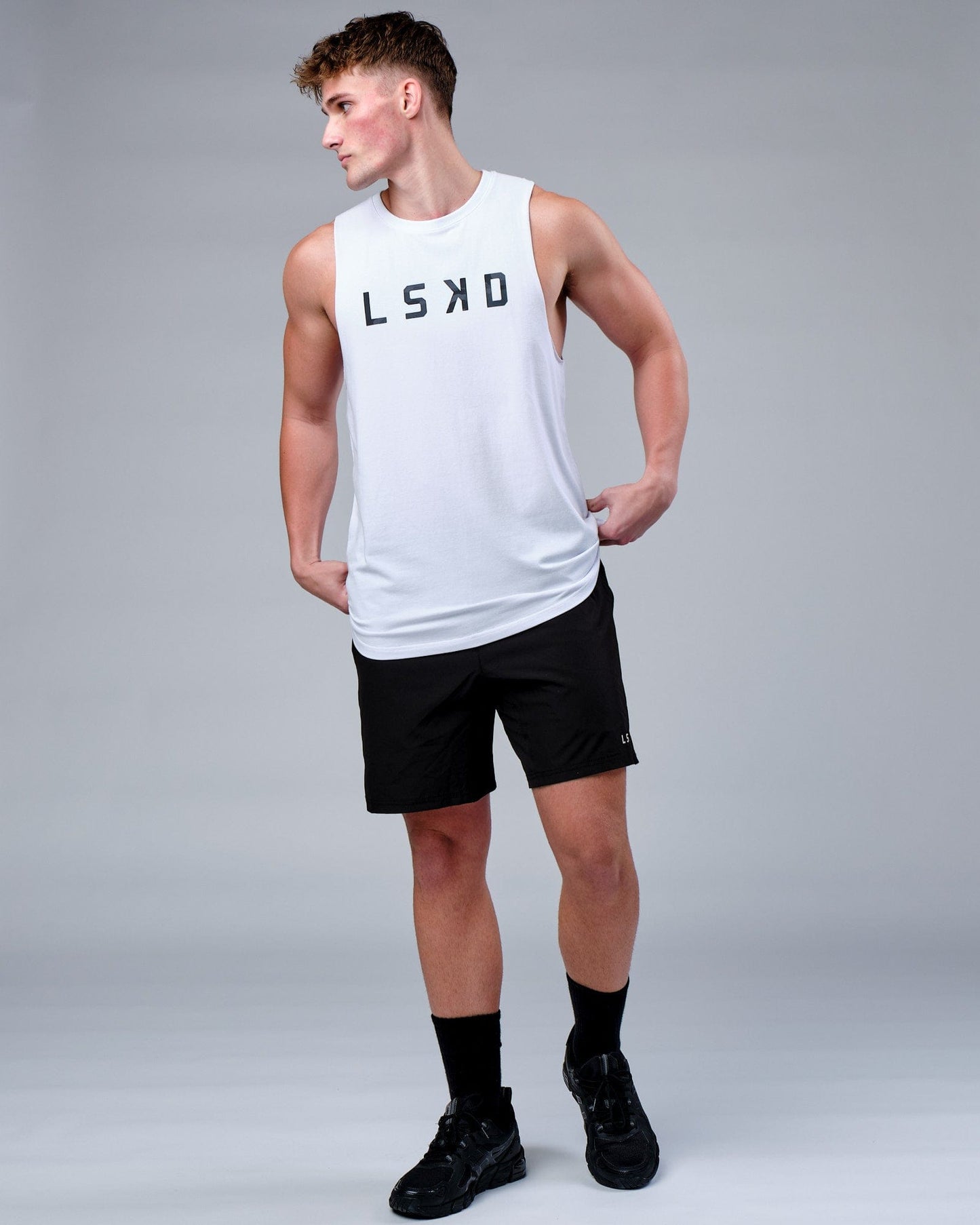 Model wearing Rep FLXCotton Training Fit Tank - White-Black Camo