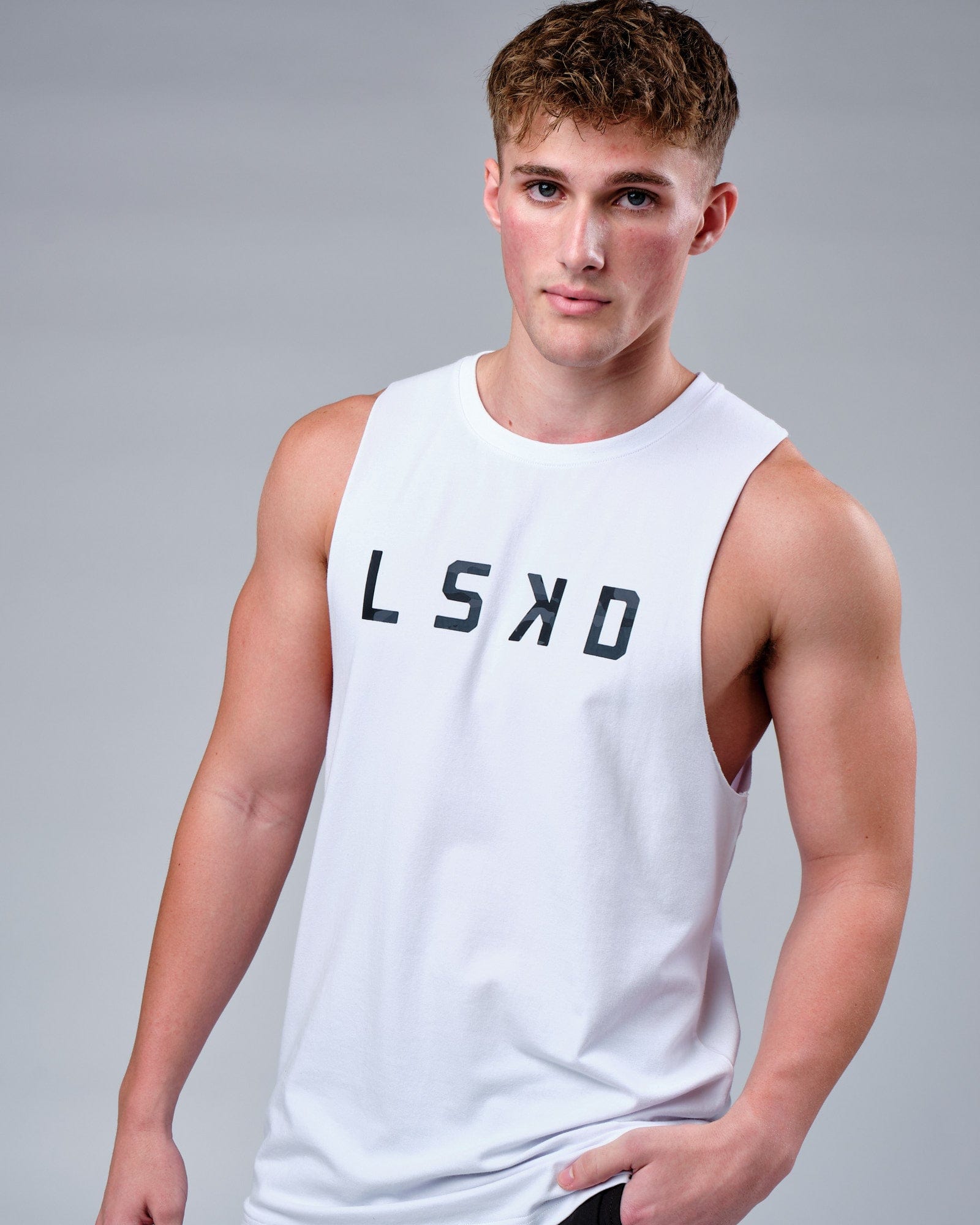 Model wearing Rep FLXCotton Training Fit Tank - White-Black Camo