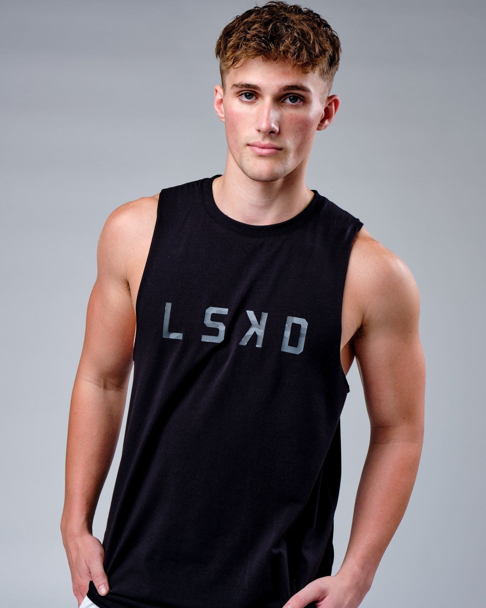 Model wearing Rep FLXCotton Training Fit Tank  - Black-Black Camo
