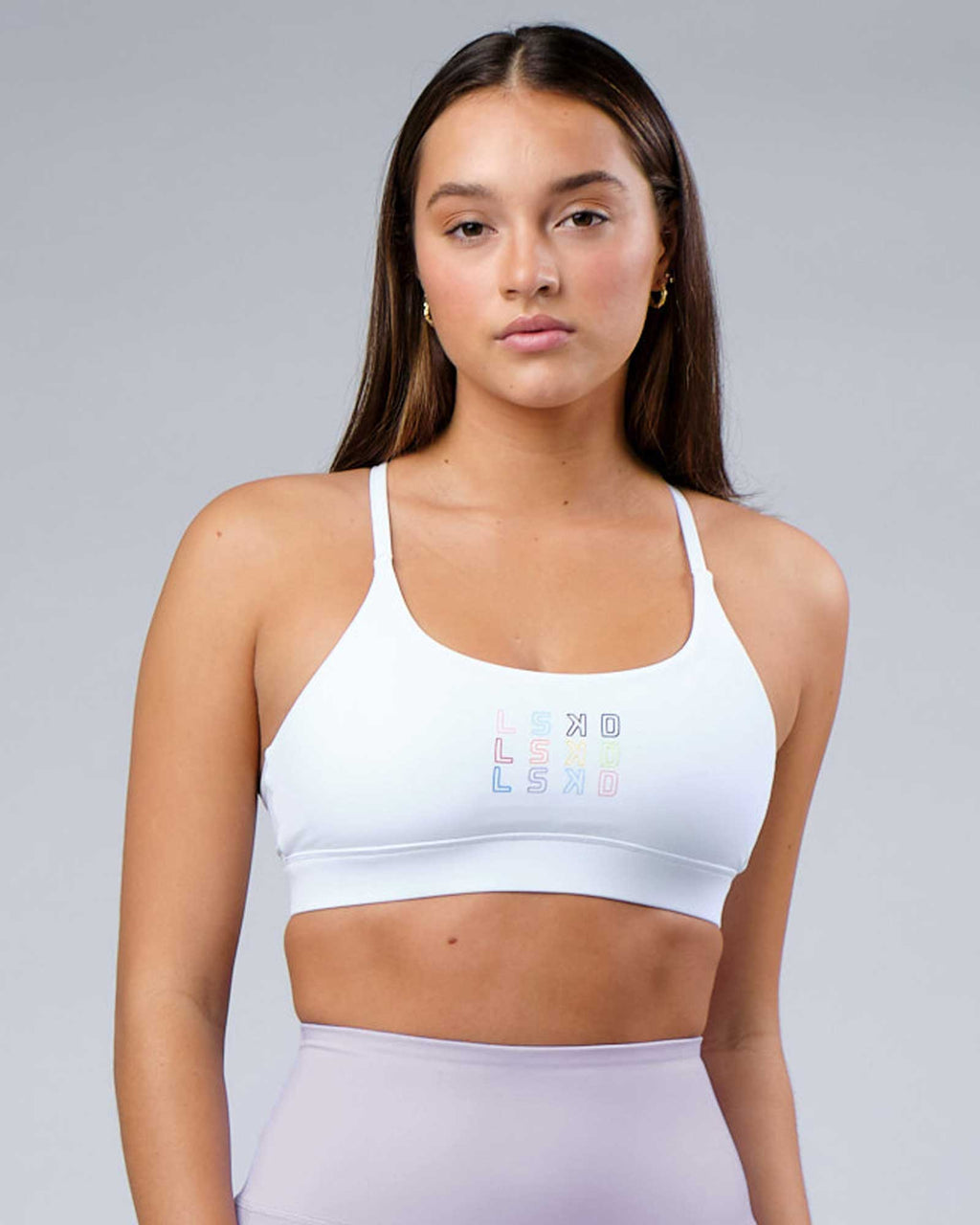 Model wearing Progress Recycled Sports Bra - White