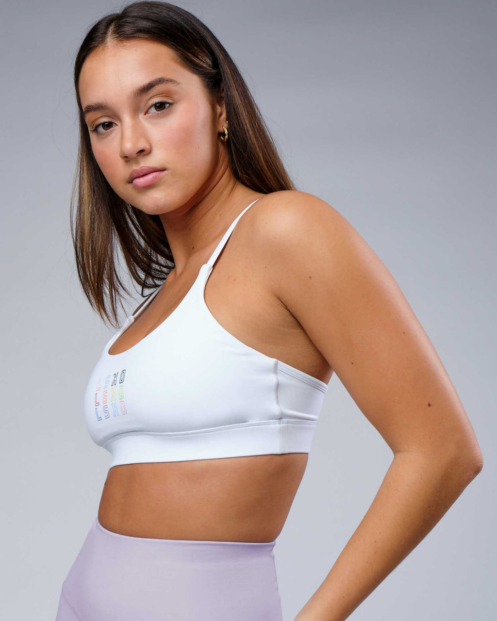 Model wearing Progress Recycled Sports Bra - White