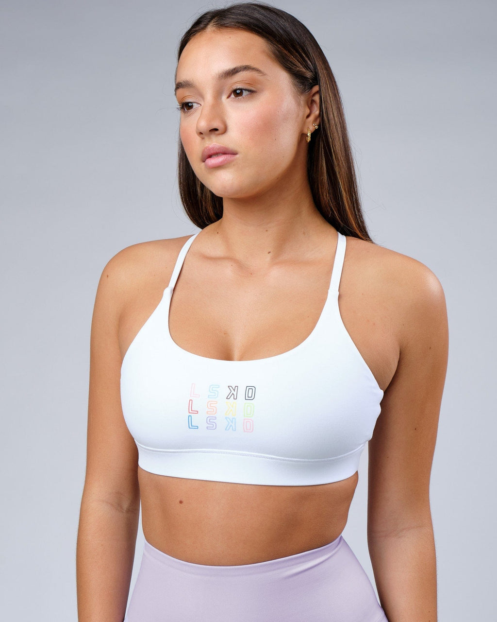 Model wearing Progress Recycled Sports Bra - White