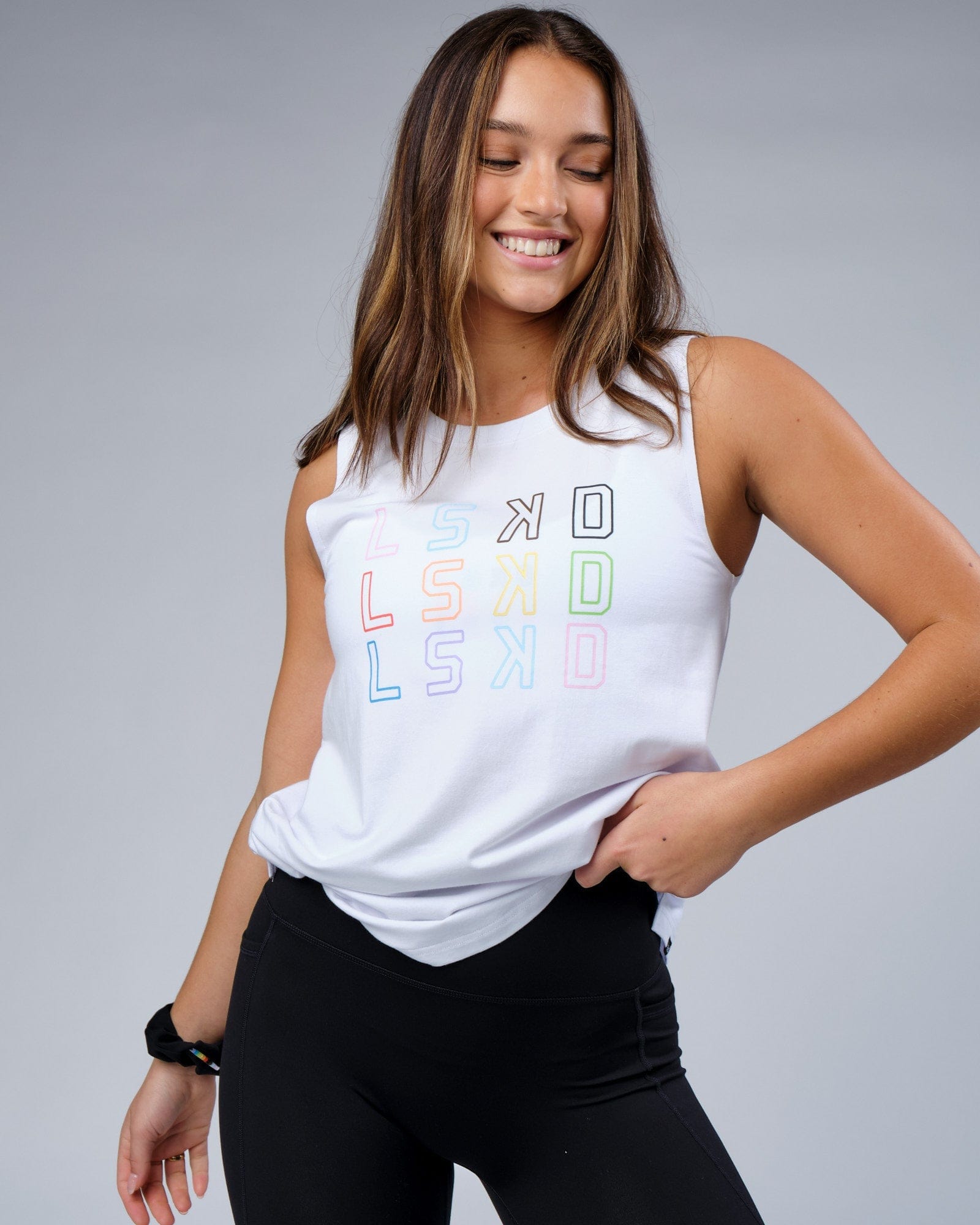 Model wearing Progress FLXCotton Tank - White