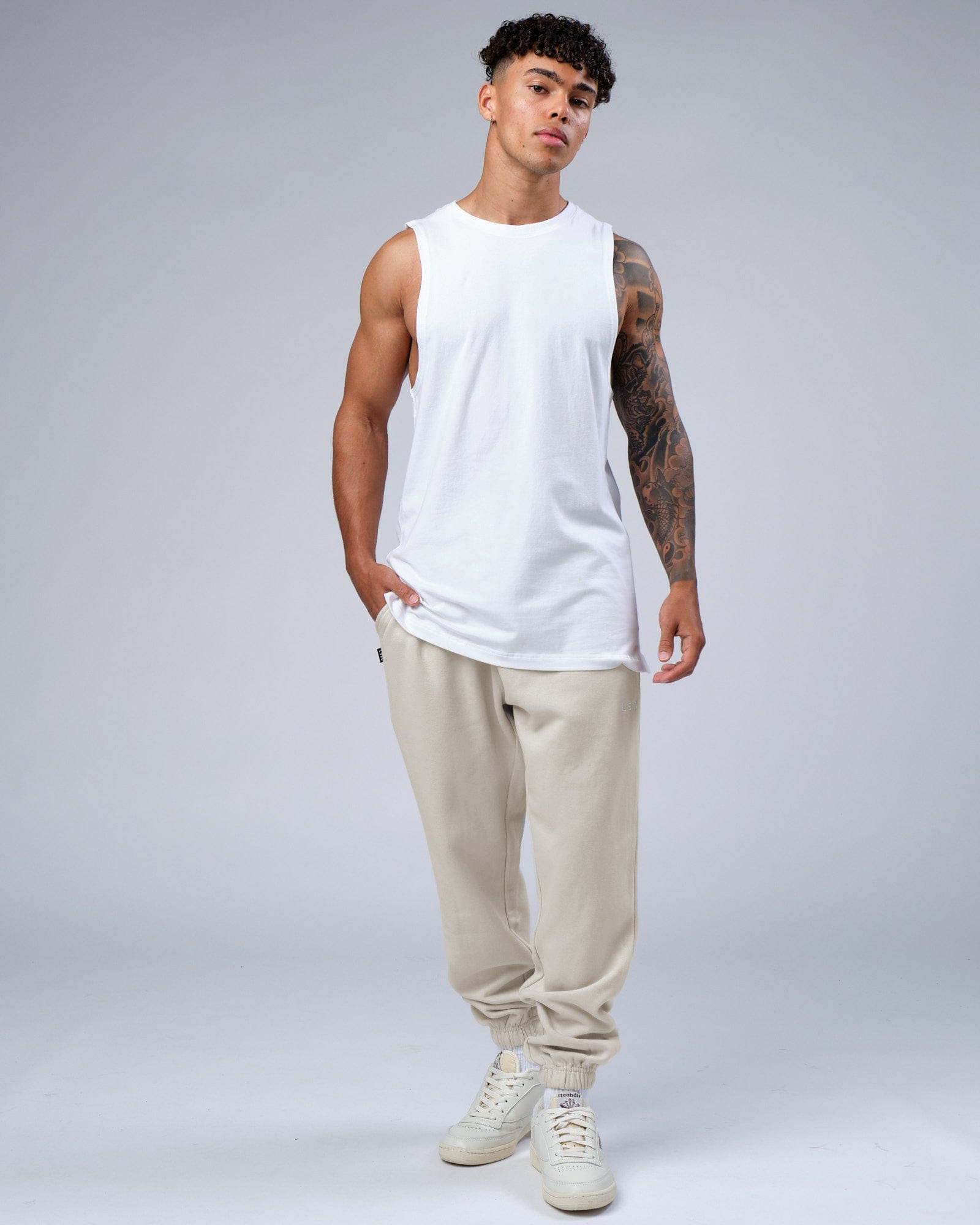 Model wearing Ready Track Pant - Bone