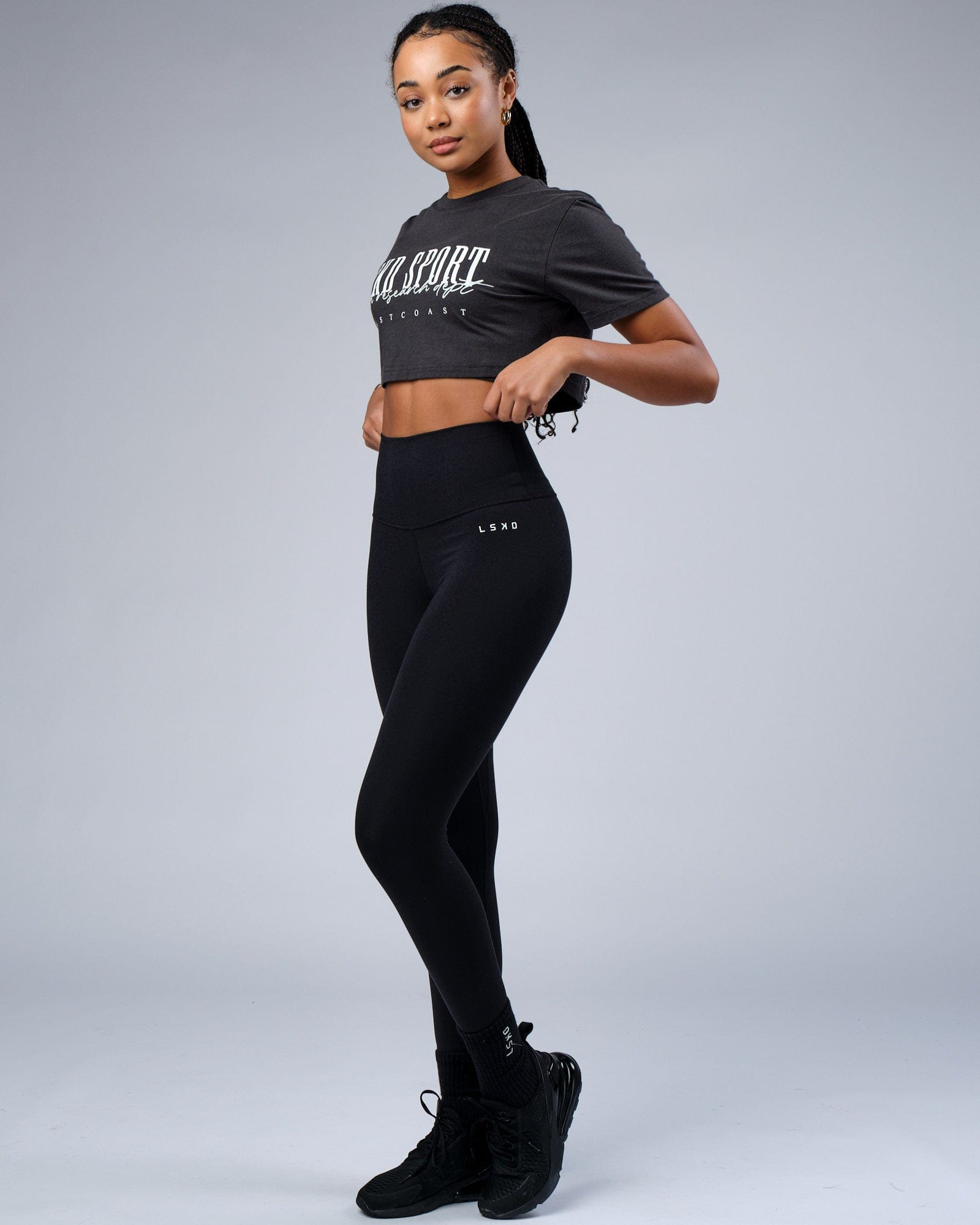 Model wearing Faculty Crop Tee - Phantom