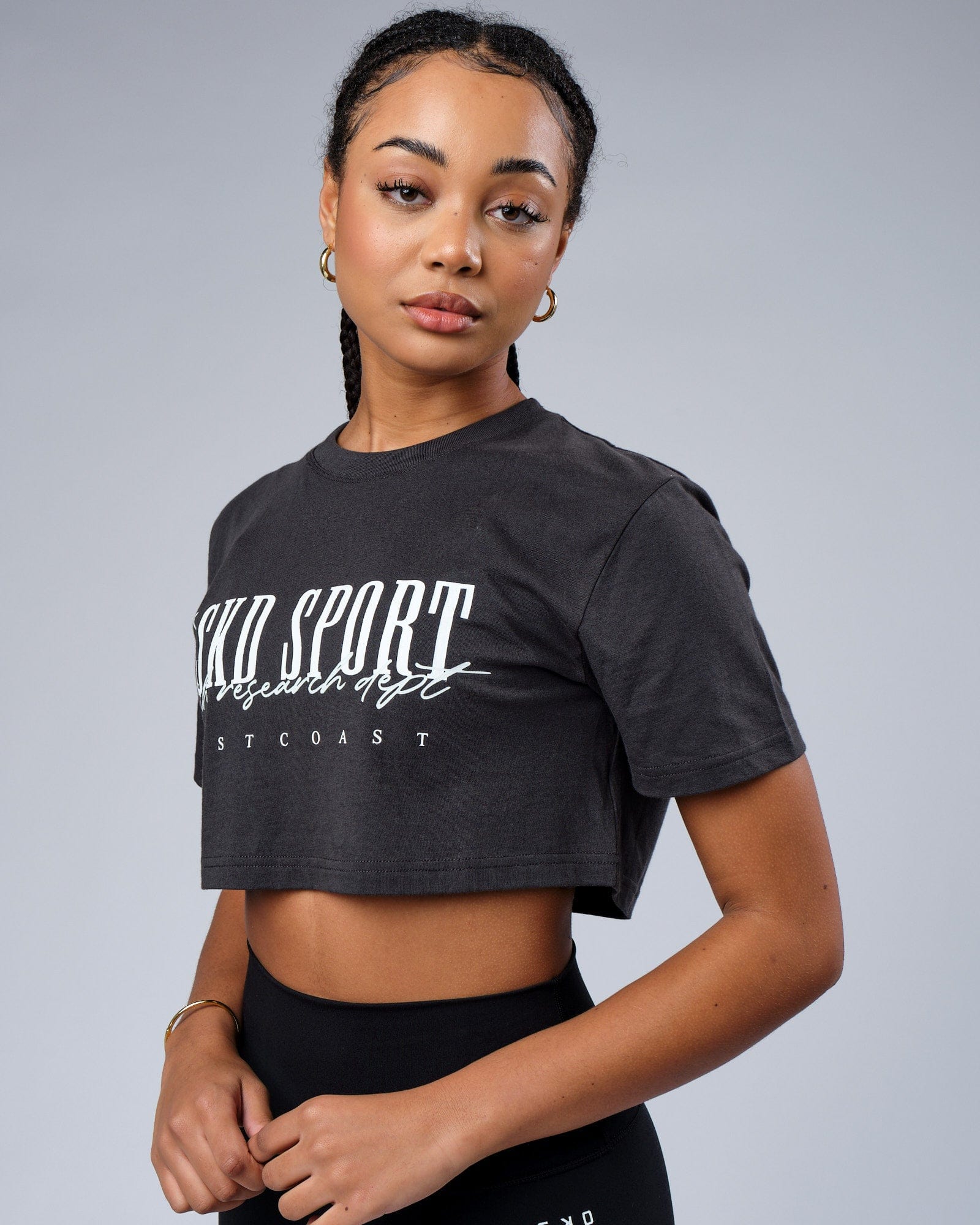 Model wearing Faculty Crop Tee - Phantom