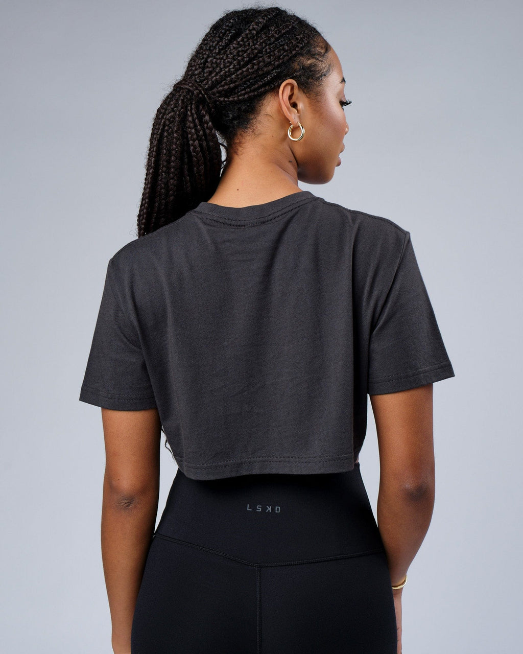 Model wearing Faculty Crop Tee - Phantom