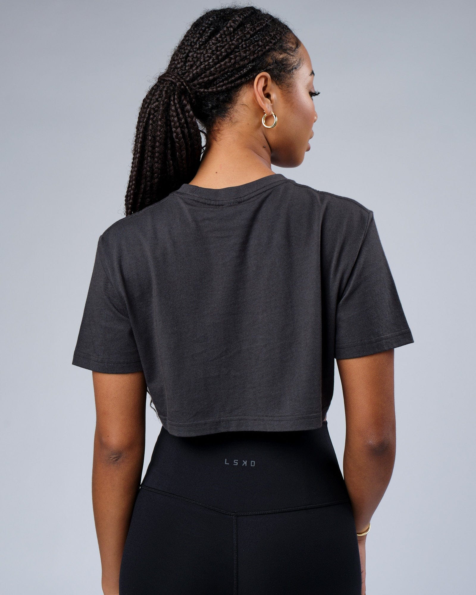 Model wearing Faculty Crop Tee - Phantom