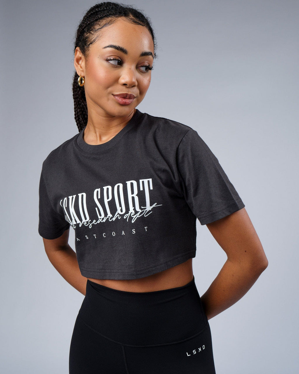 Model wearing Faculty Crop Tee - Phantom