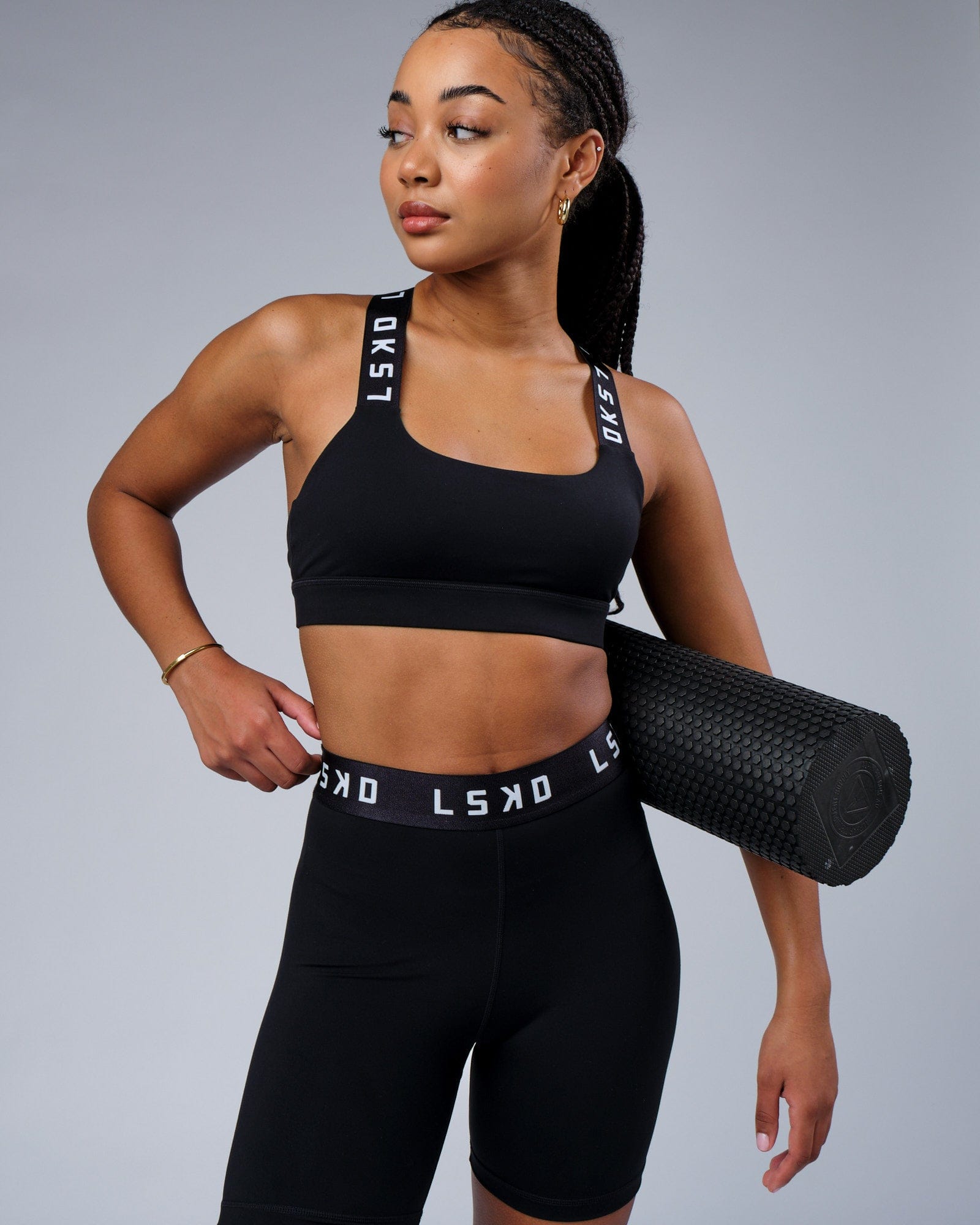 Model wearing Competition Mid Short Tight - Black White