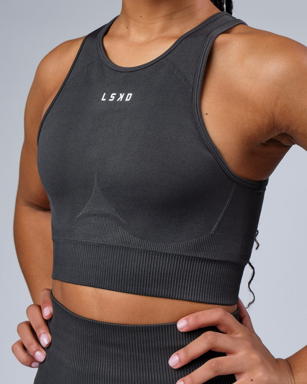 Model wearing Limitless Seamless Crop Top - Charcoal