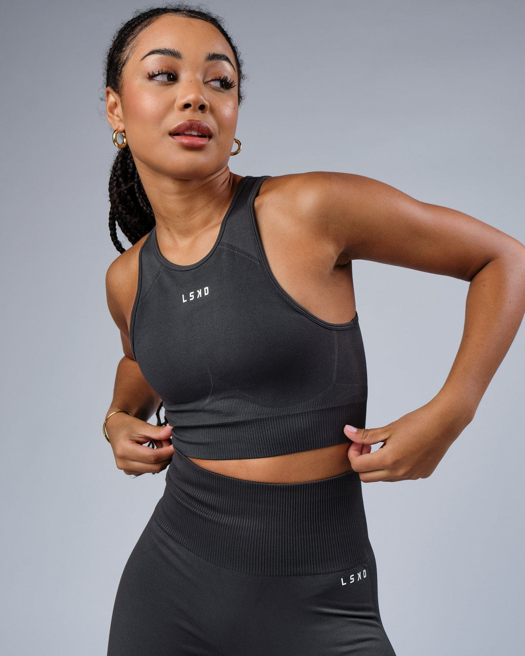Model wearing Limitless Seamless Crop Top - Charcoal