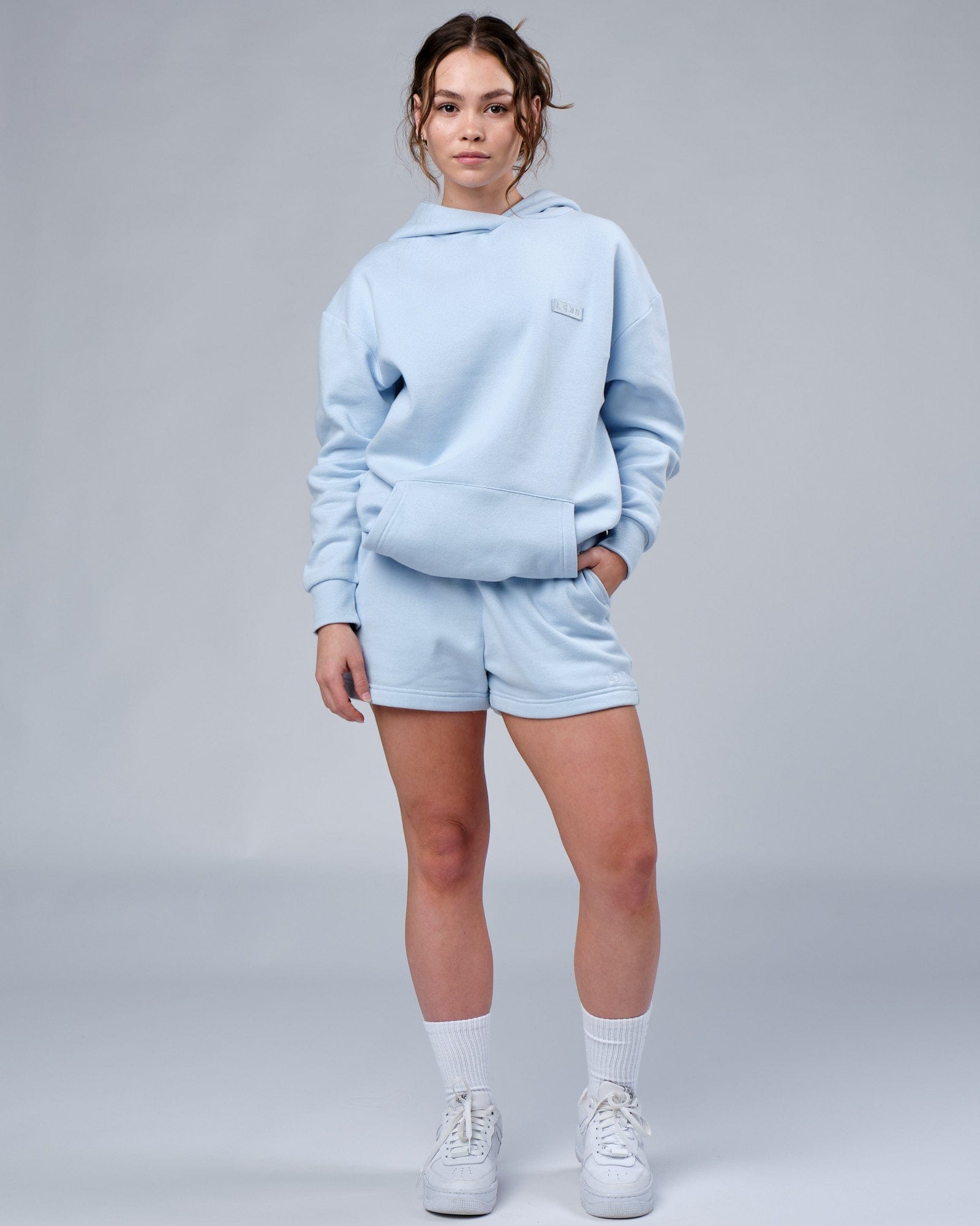Model wearing Ready Track Short - Ballad Blue