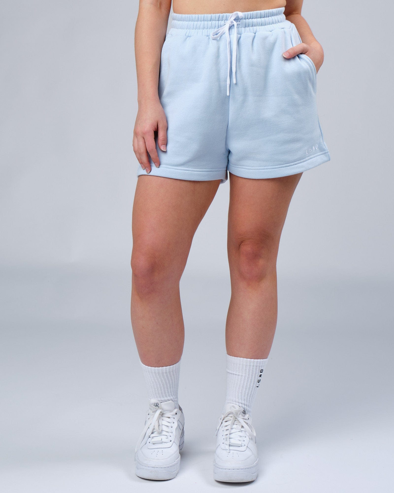 Model wearing Ready Track Short - Ballad Blue