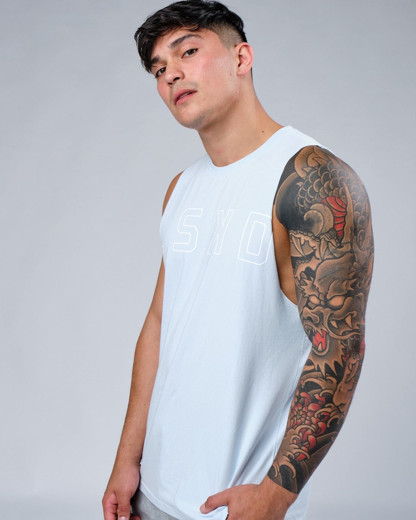 Model wearing Expand FLXCotton Training Fit Tank - Sky Blue