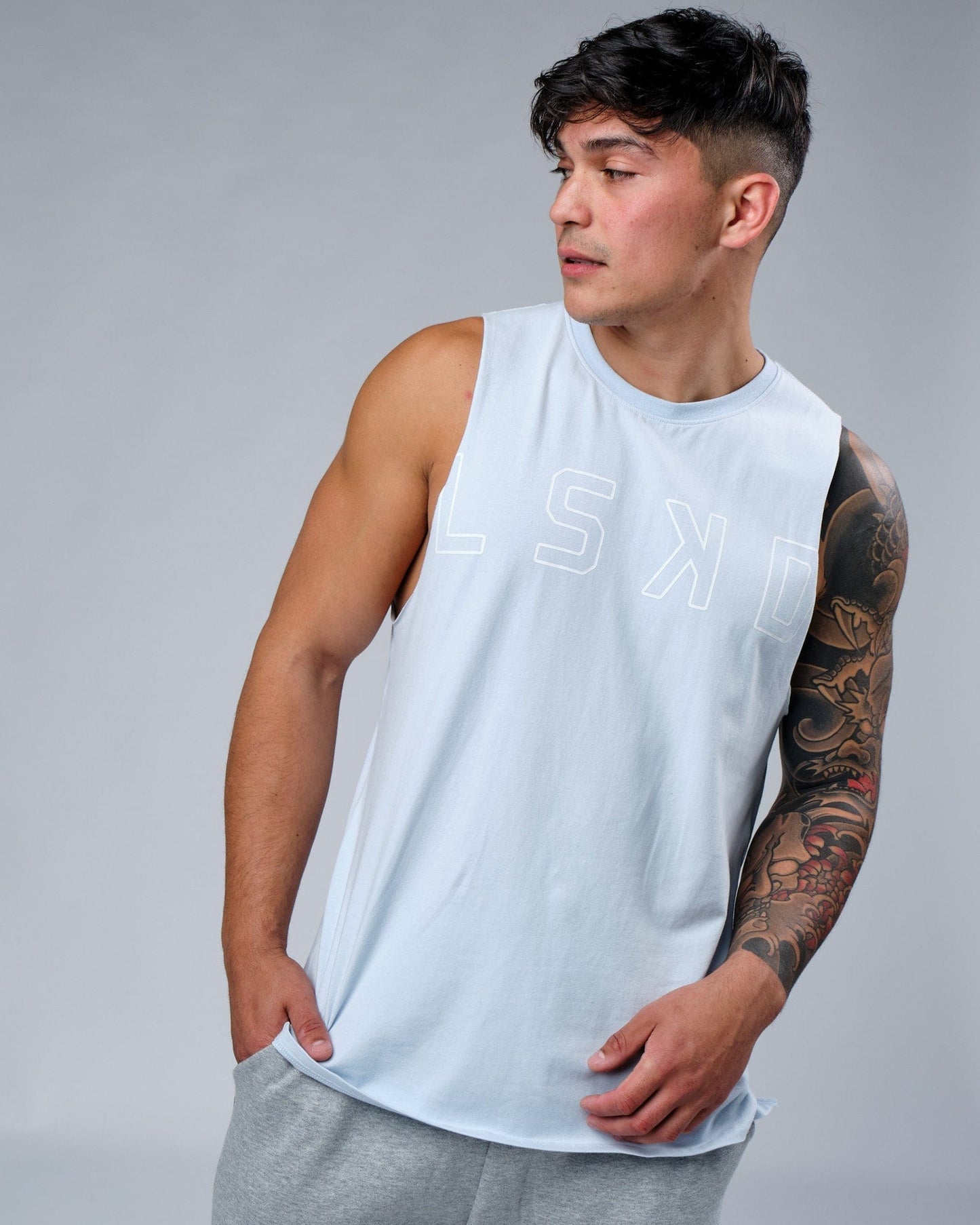 Model wearing Expand FLXCotton Training Fit Tank - Sky Blue