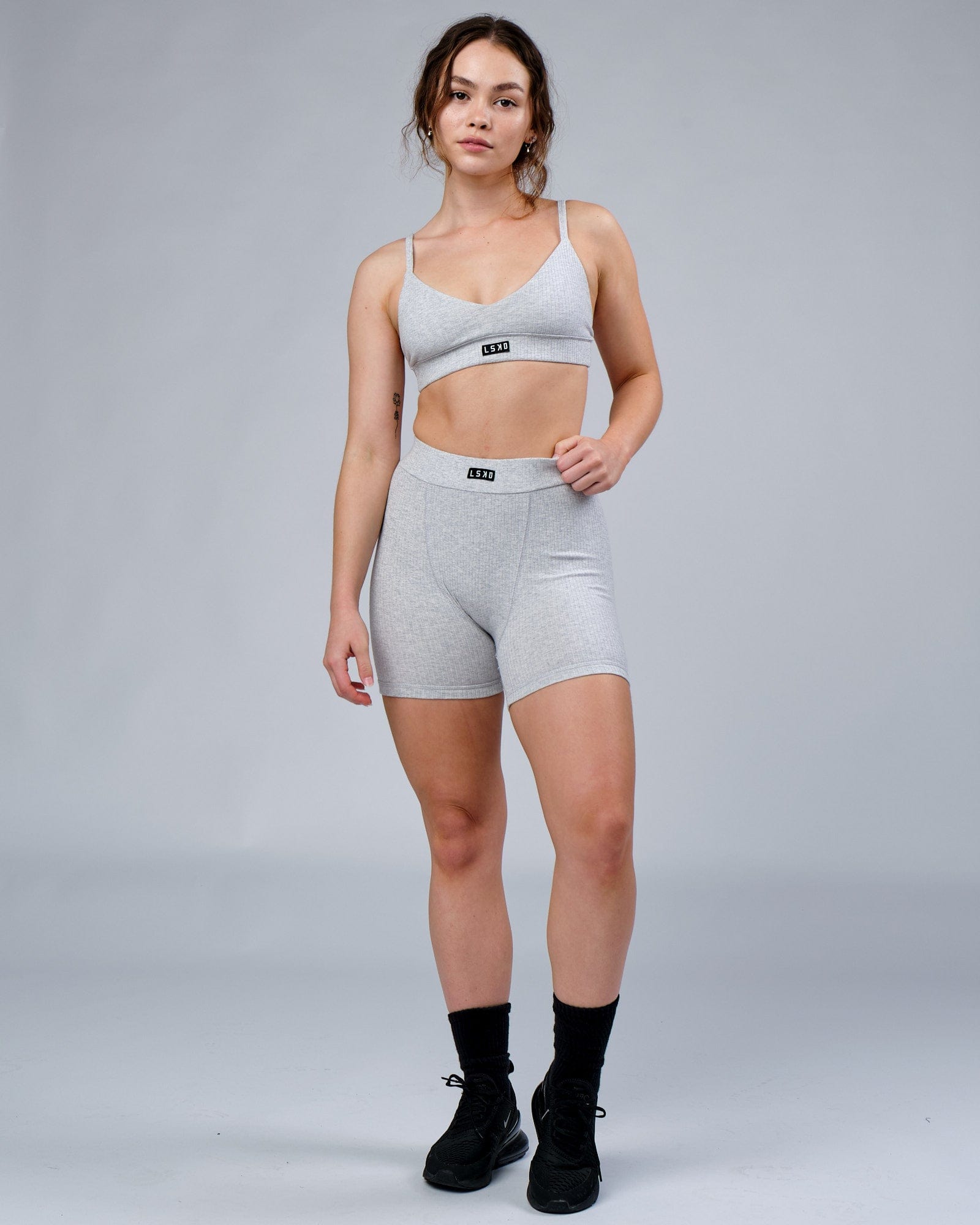 Model wearing Hype Ribbed Bralette - Lt Grey Marl