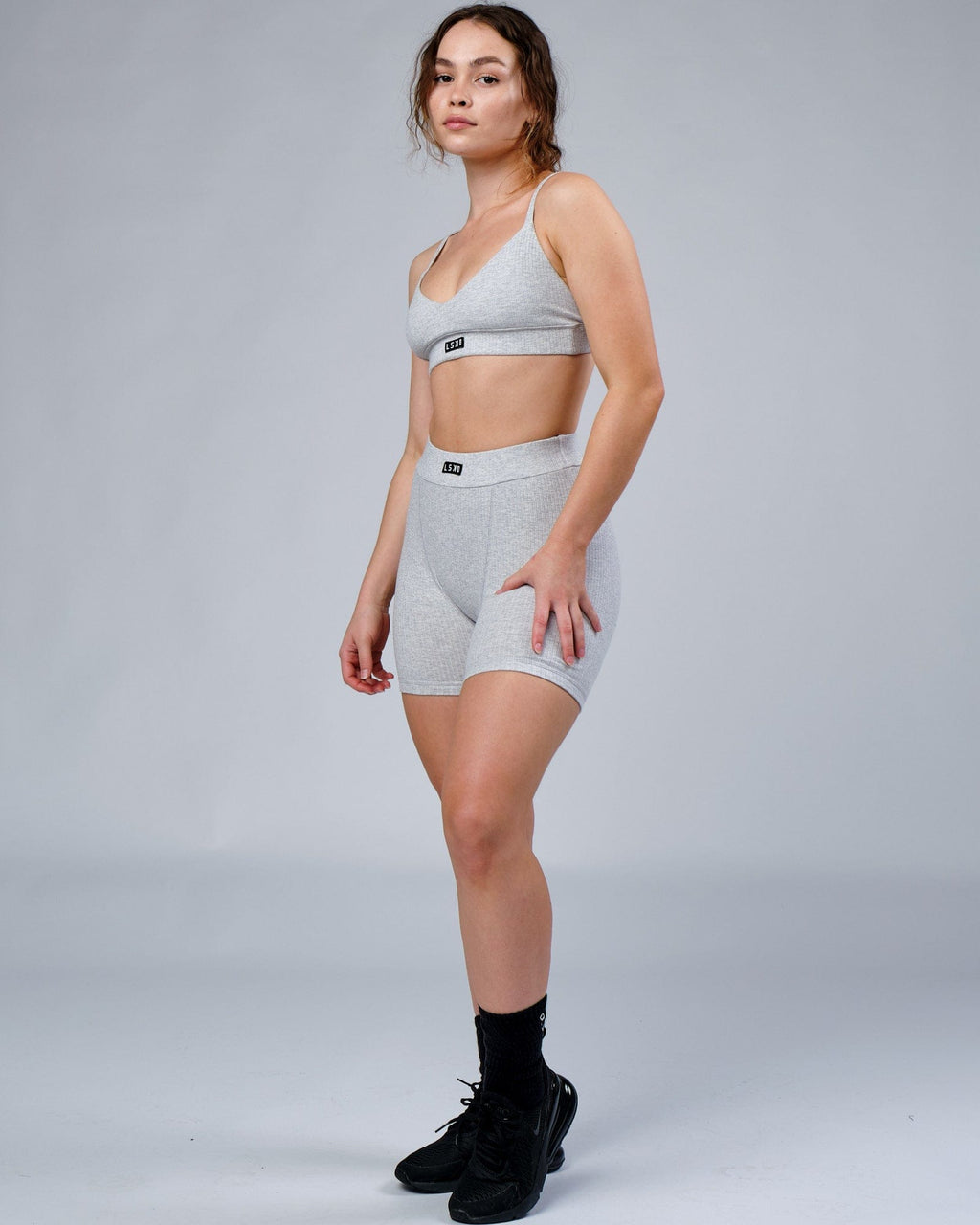 Model wearing Hype Ribbed Short - Lt Grey Marl