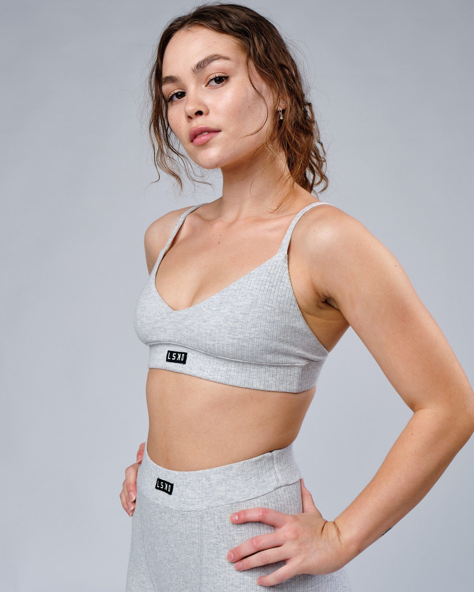 Model wearing Hype Ribbed Bralette - Lt Grey Marl