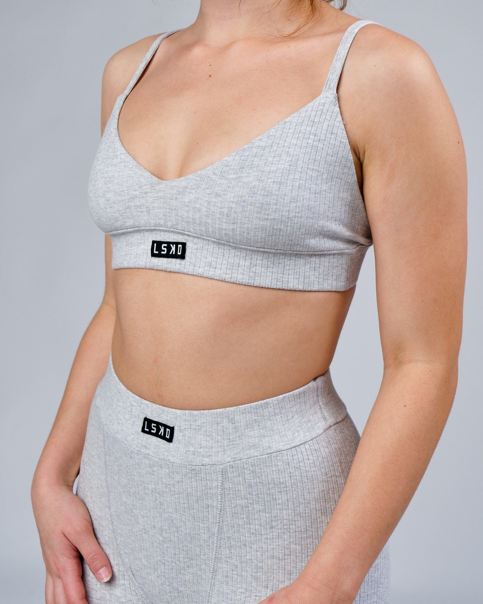 Model wearing Hype Ribbed Bralette - Lt Grey Marl