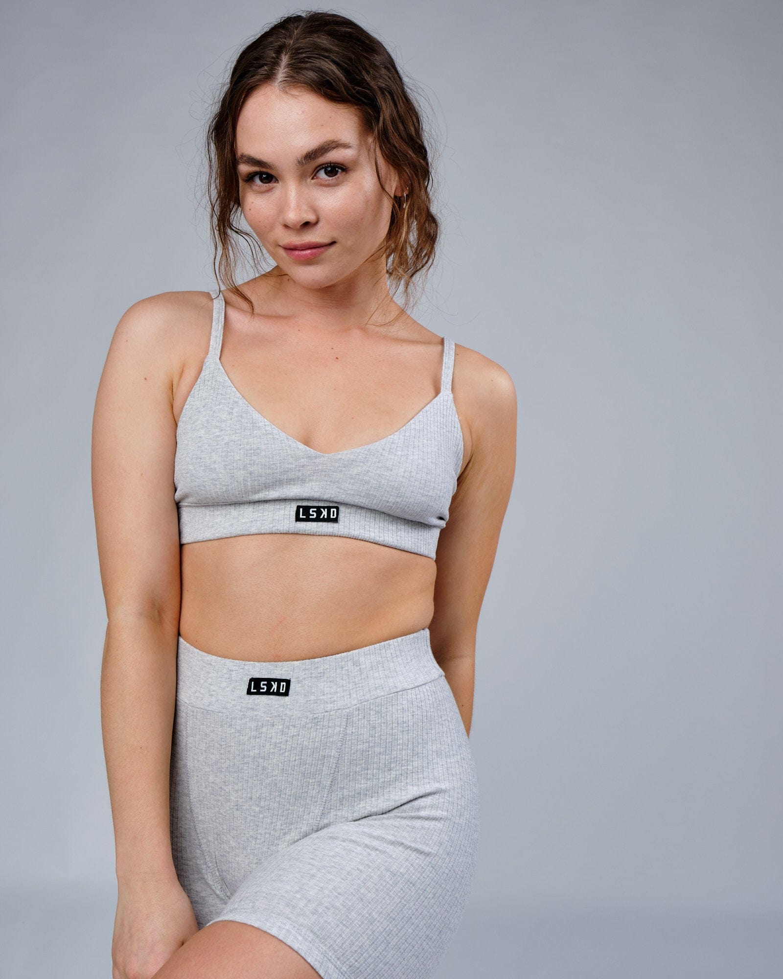 Model wearing Hype Ribbed Bralette - Lt Grey Marl