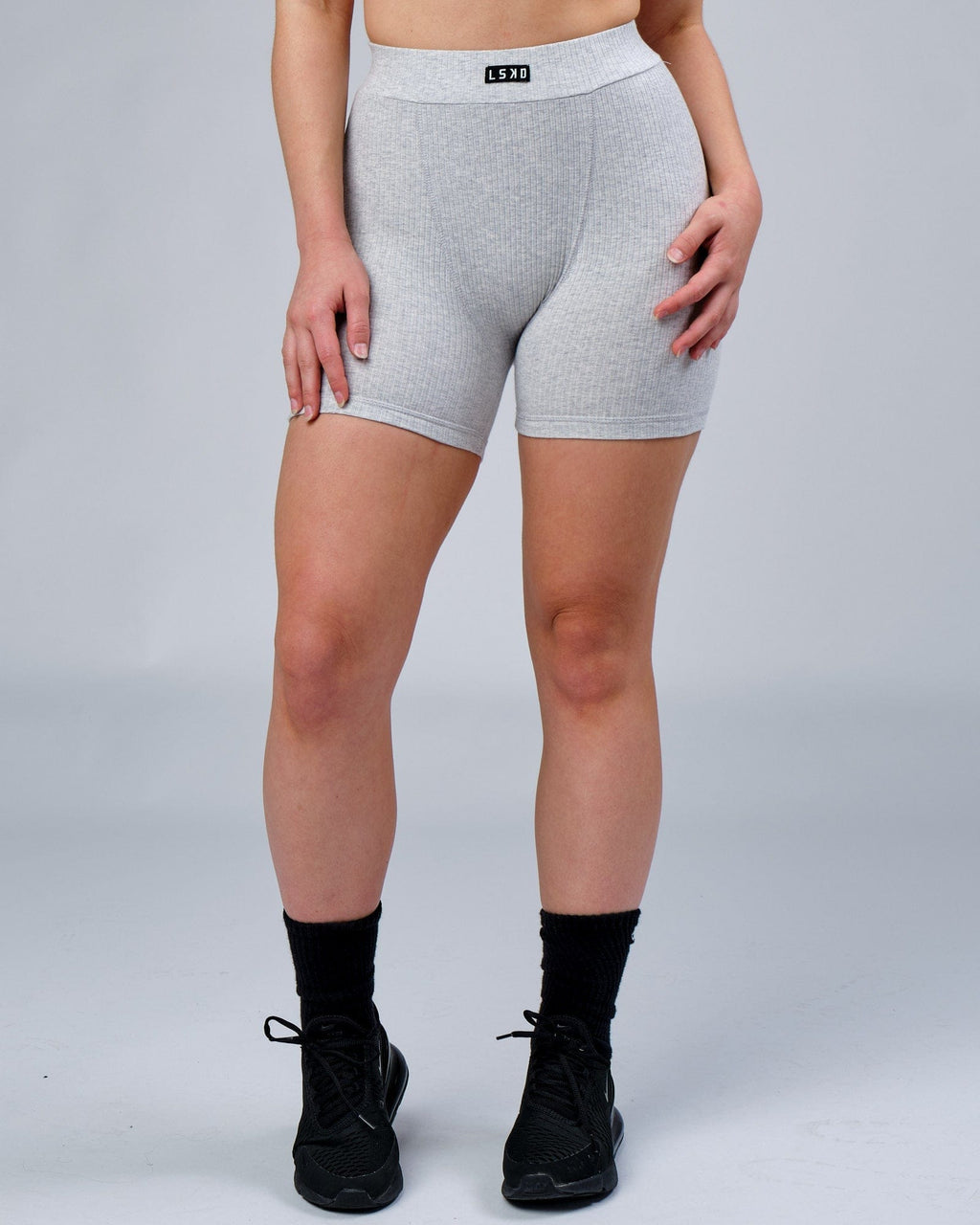 Model wearing Hype Ribbed Short - Lt Grey Marl
