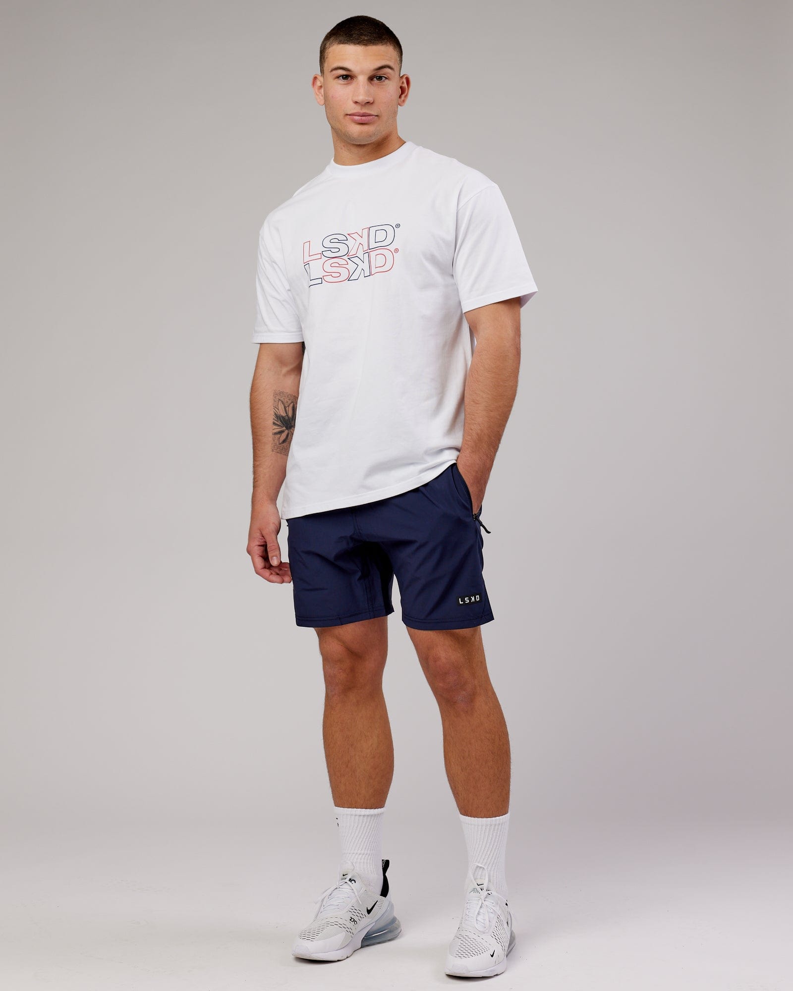 Model wearing Stacks Up Heavyweight Tee Oversize - White-Americana
