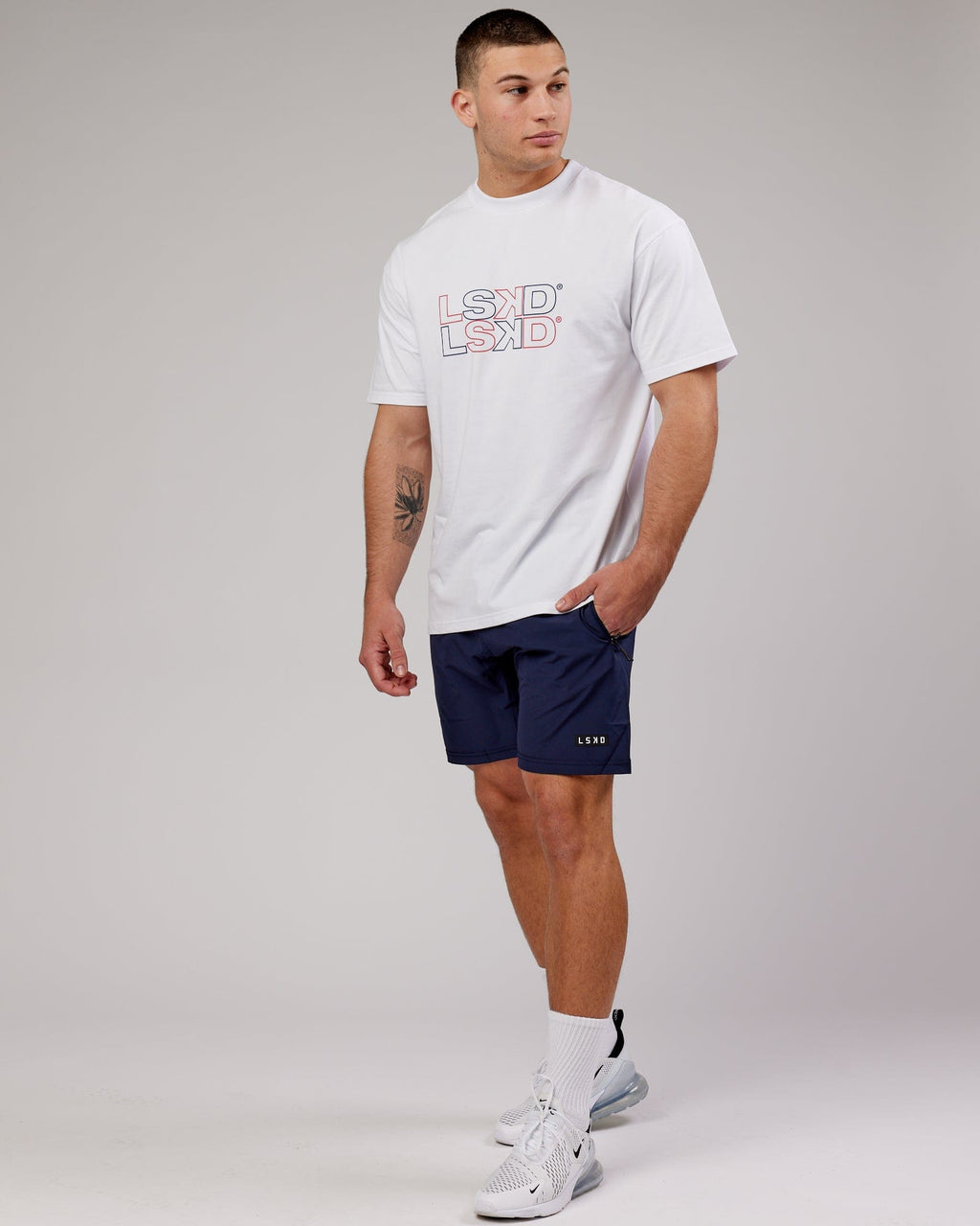 Model wearing Stacks Up Heavyweight Tee Oversize - White-Americana