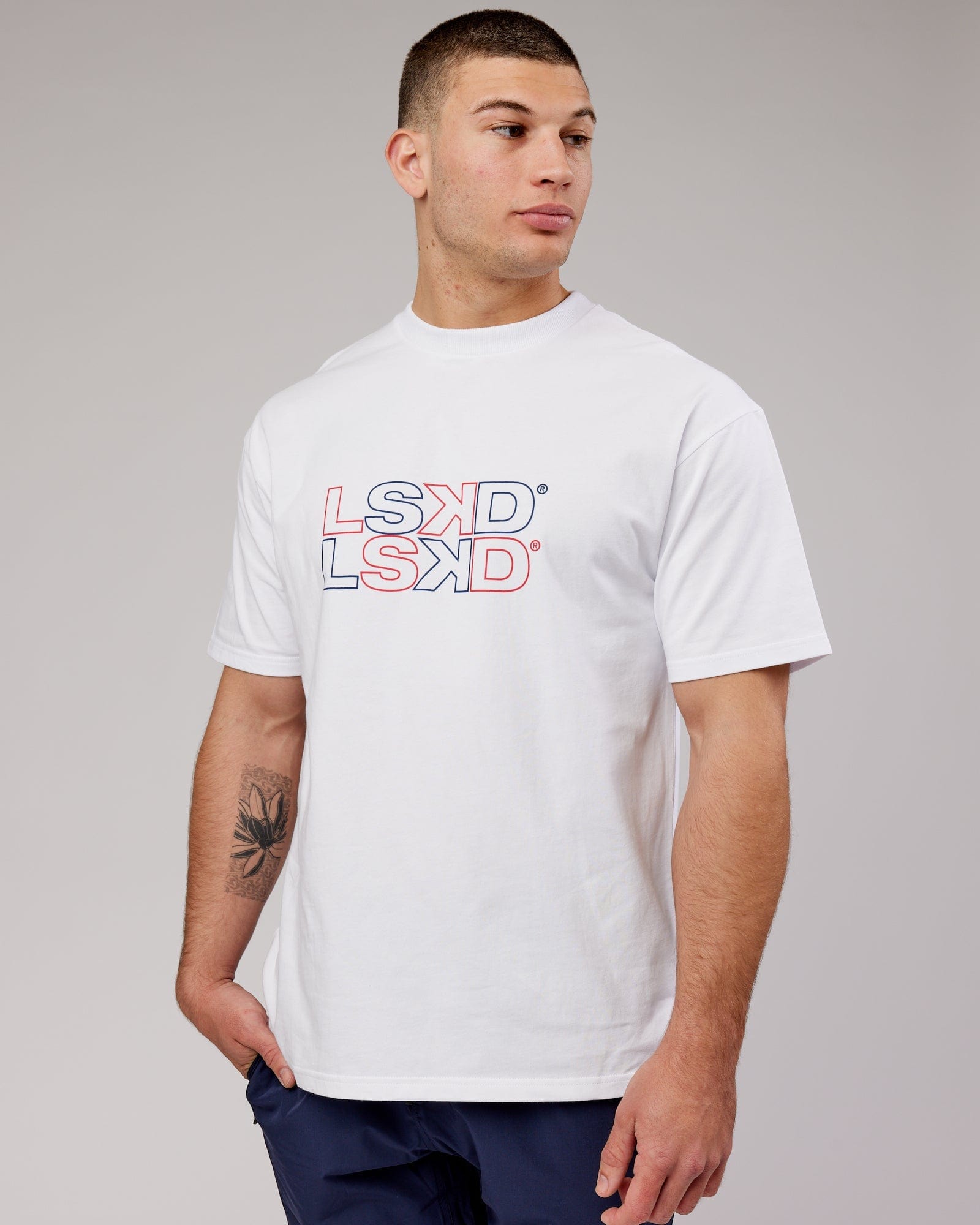 Model wearing Stacks Up Heavyweight Tee Oversize - White-Americana