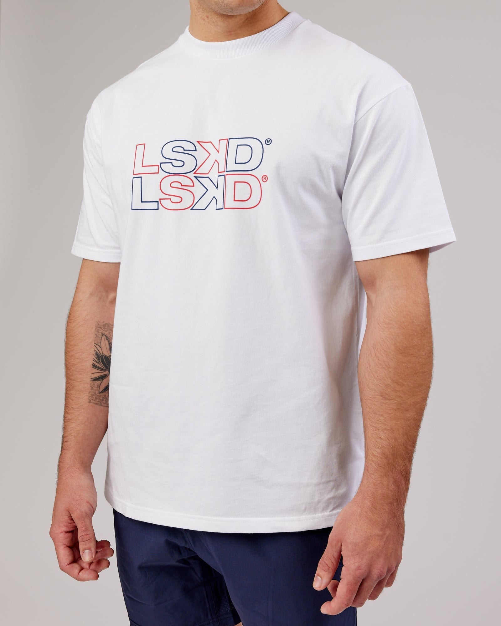 Model wearing Stacks Up Heavyweight Tee Oversize - White-Americana