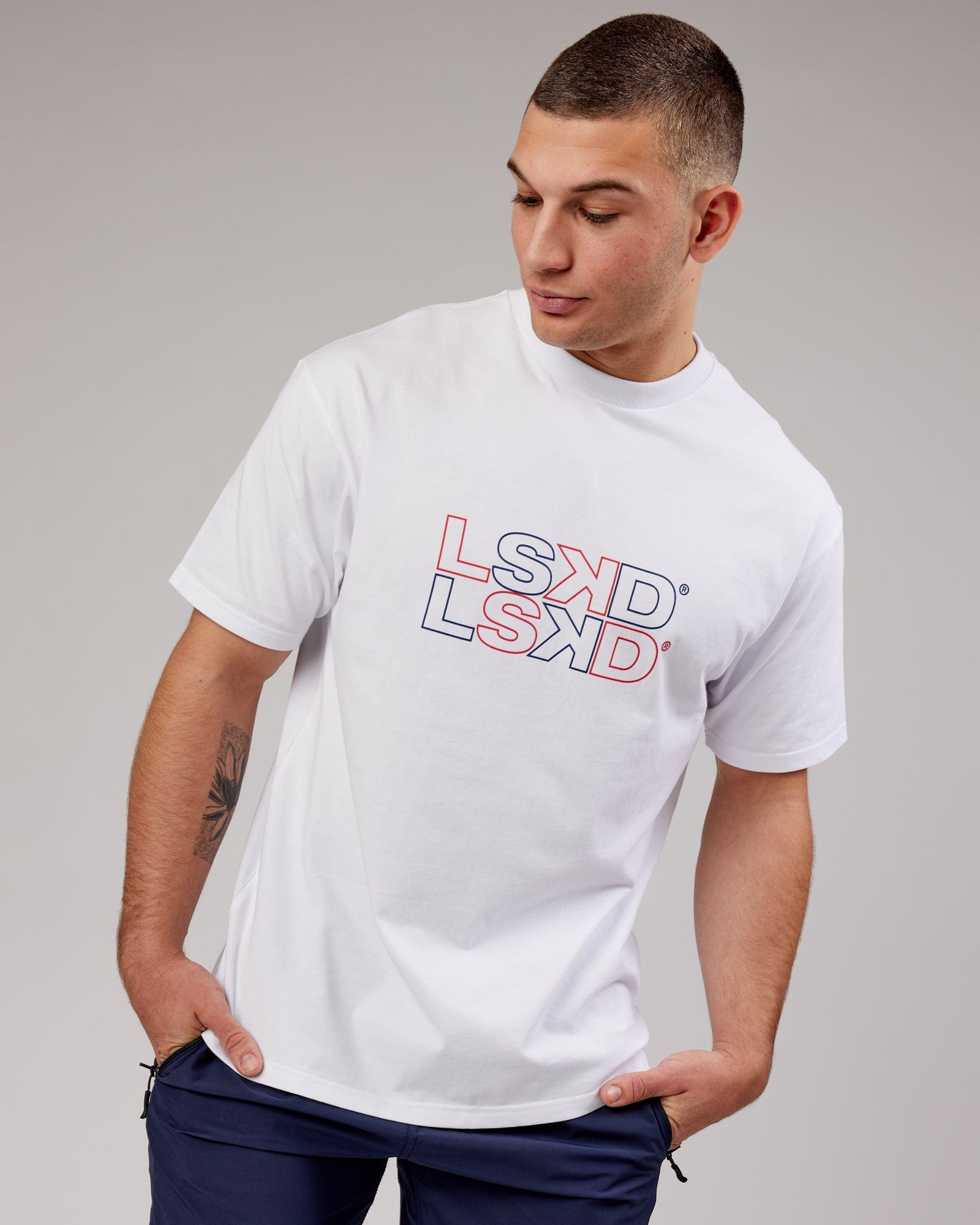 Model wearing Stacks Up Heavyweight Tee Oversize - White-Americana