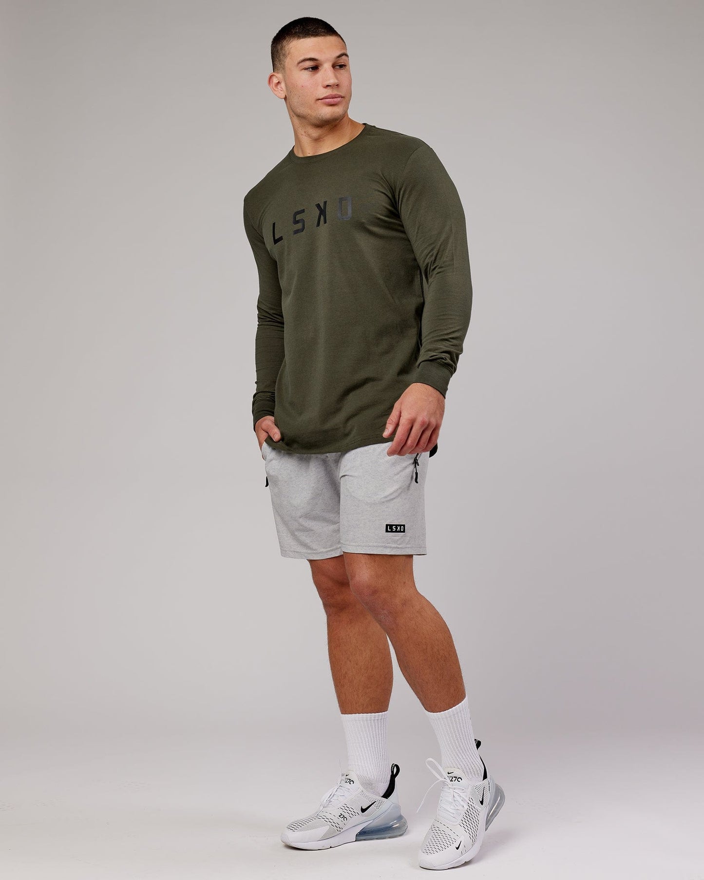 Model wearing Power FLXDRY Performance LS Tee - Forest Night