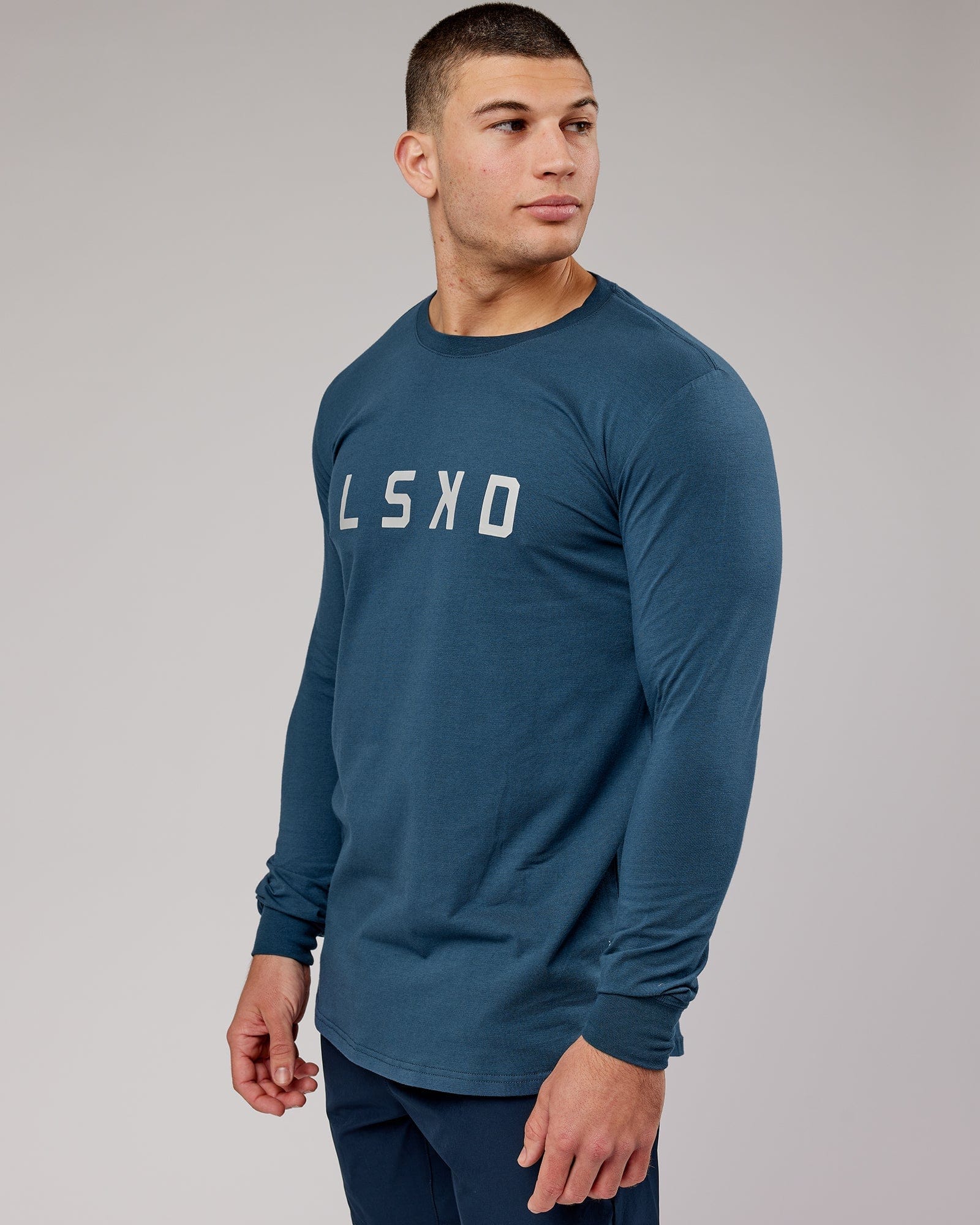 Model wearing Power FLXDRY Performance LS Tee - Light Navy